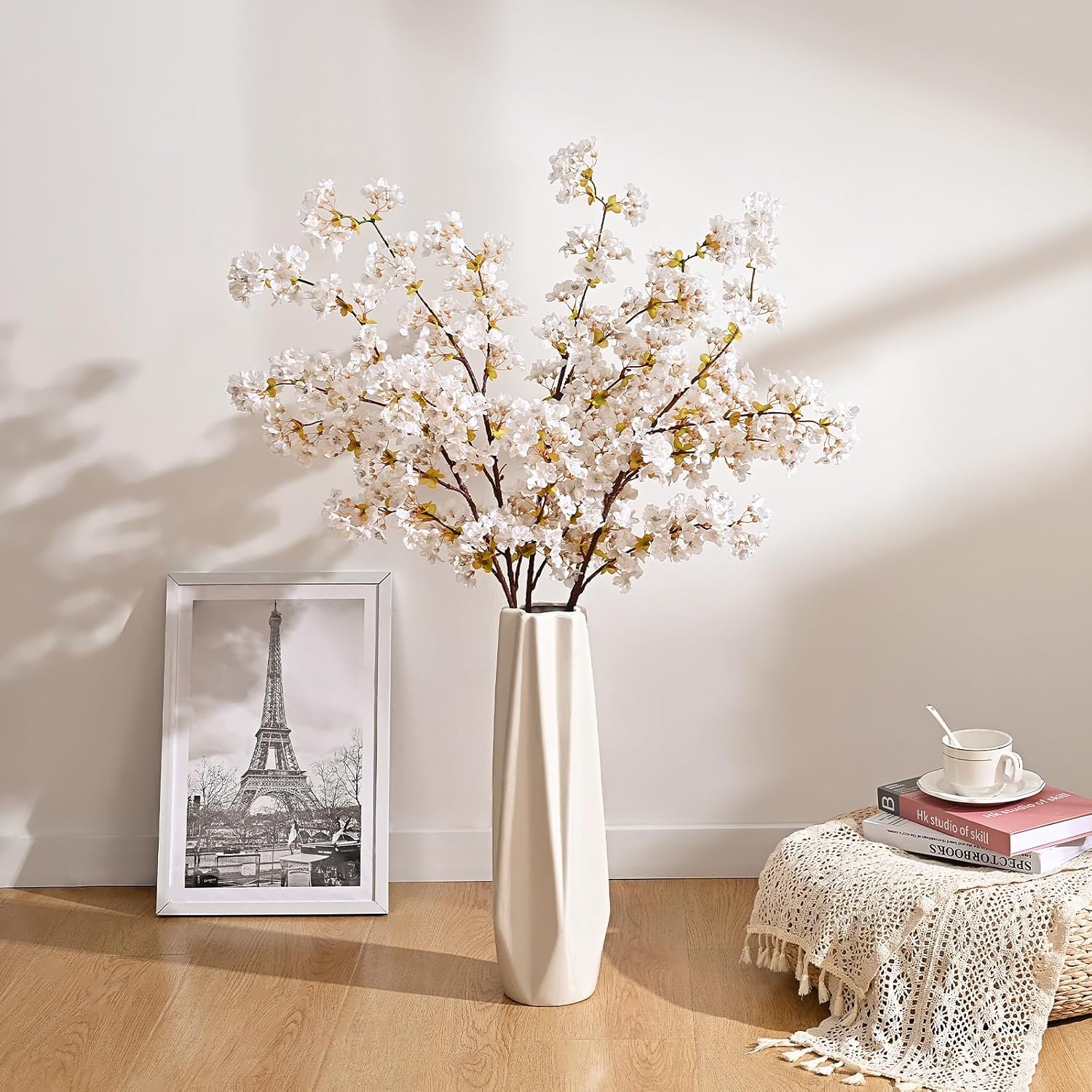 Sunm Boutique Silk Cherry Blossom Branches, Artificial Cherry Blossom Tree Stems Faux Cherry Flowers Vase Arrangements for Wedding Home Decor, Set of 5