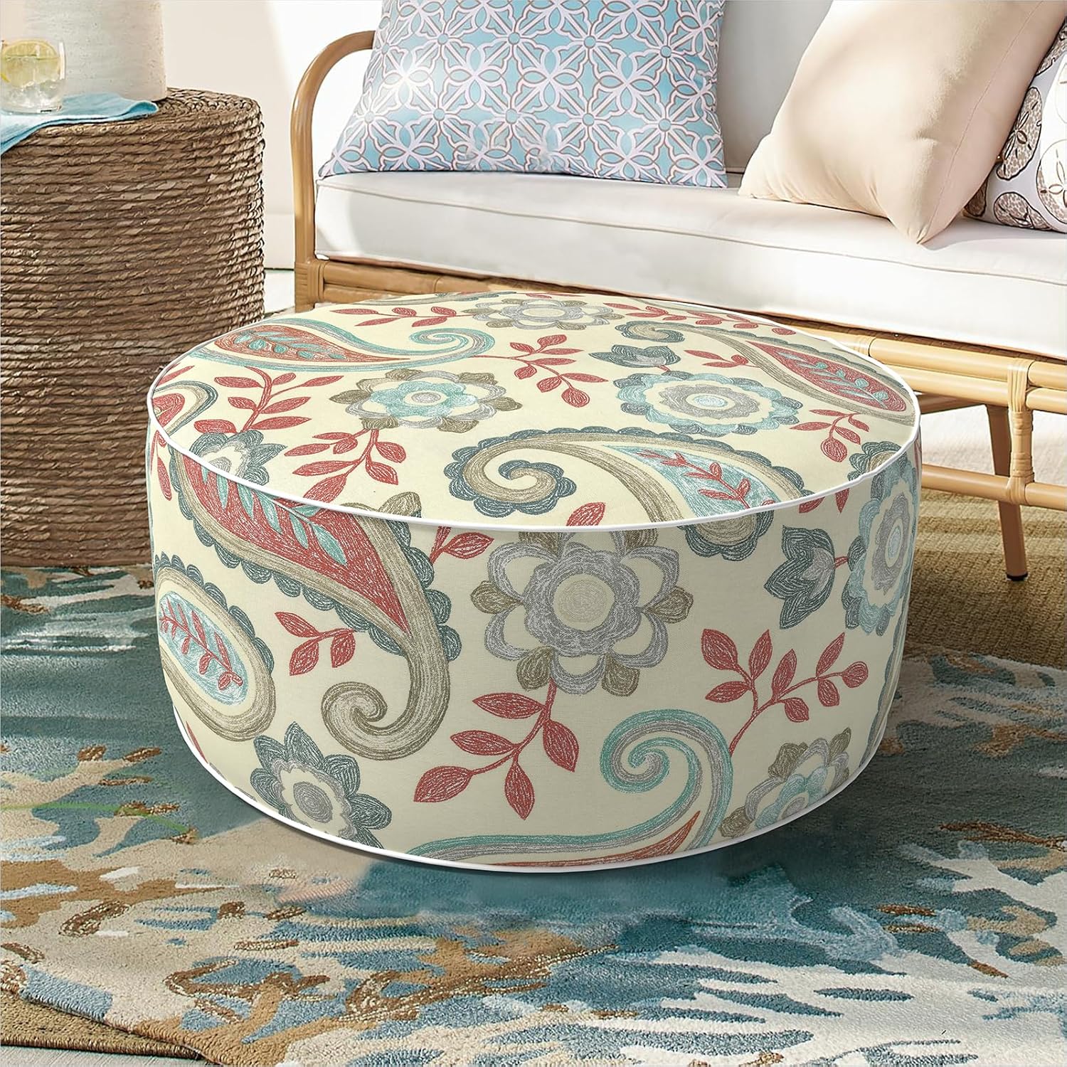 DYTXIII Inflatable Ottoman Stool D21 xH9 for Outdoor/Indoor Use, Water Repellent Patio Foot Rest with Portable Handle,Round Pouf Ottoman Suitable for Garden,Deck and Camping-Paisley Vintage