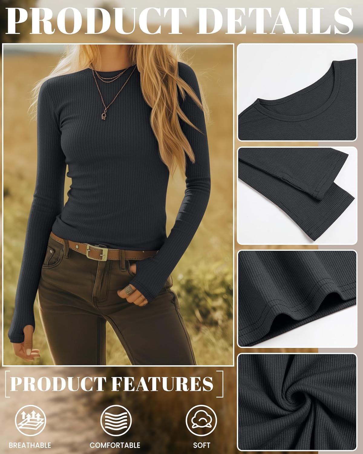 4 Pack Women's Ribbed Long Sleeve Shirts with Thumb Holes Cotton Crewneck Slim Fit Tops Knit Casual Basic T-Shirts - Image 5