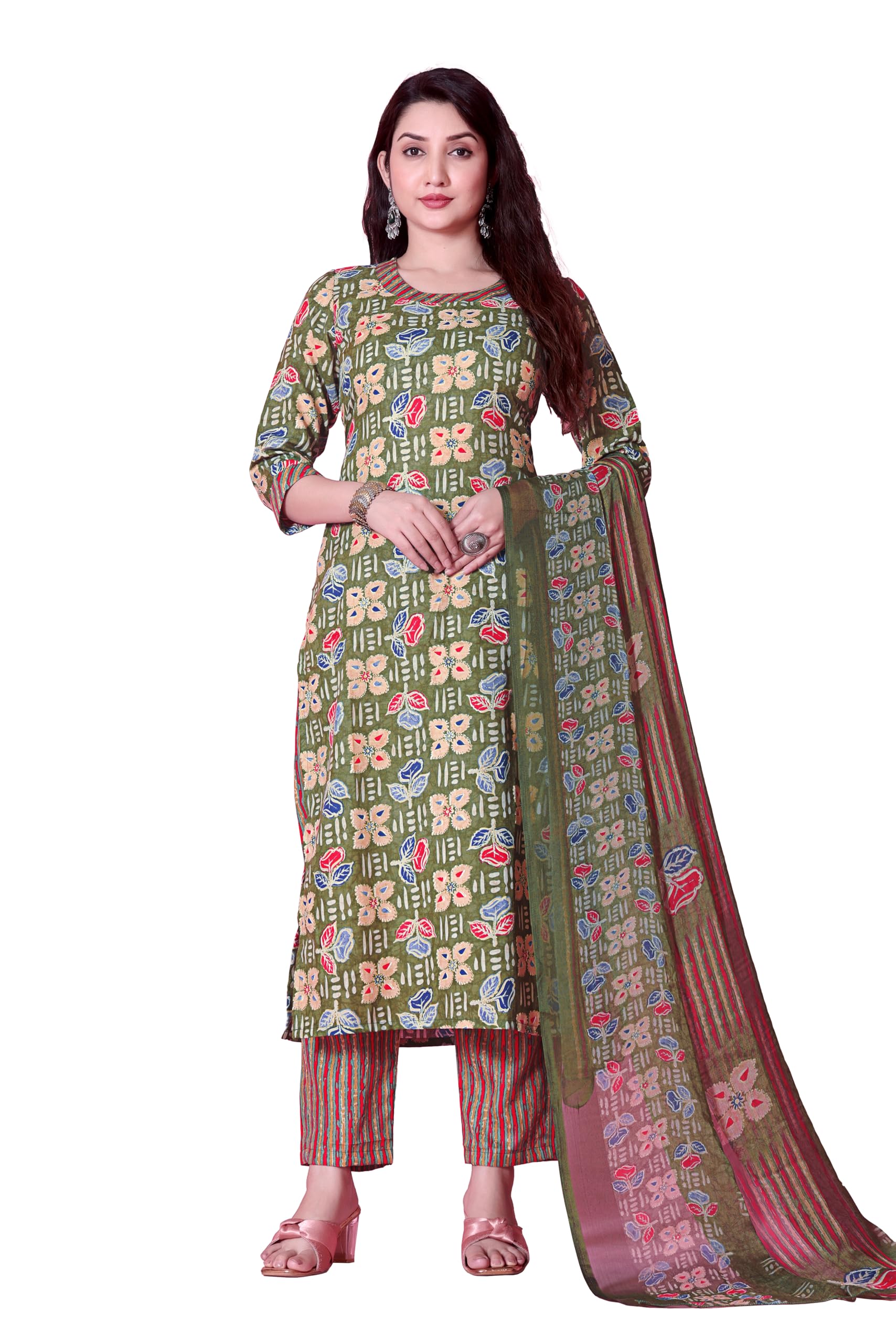 Tadkee Women's Cotton Blend Kurta Set (Fn-Kurta-Set-Dupatta-136-Olive-L_Olive