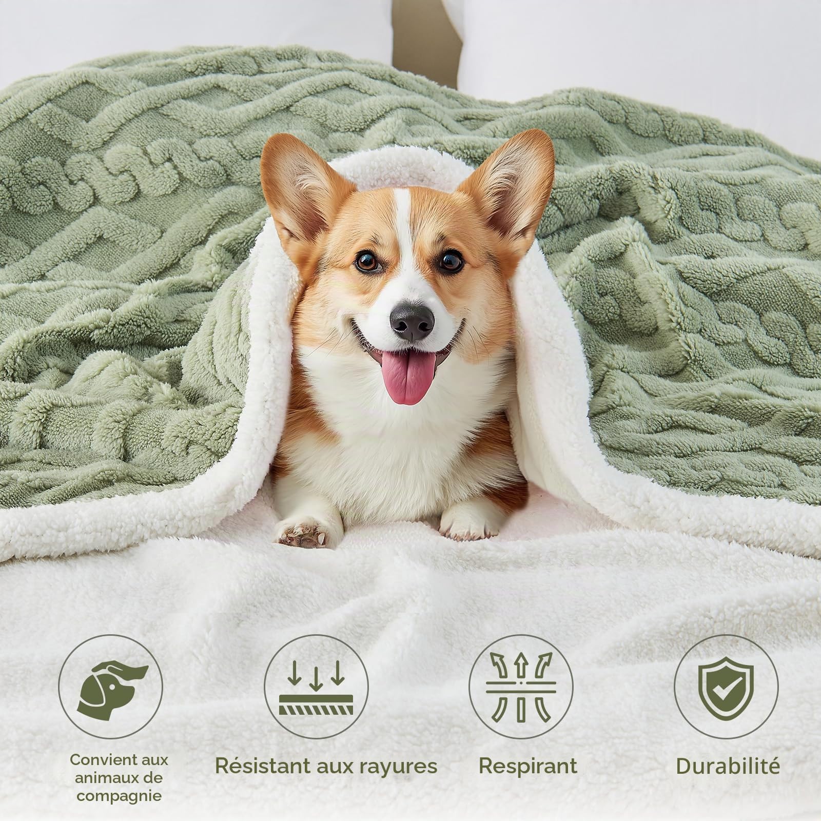 DECMAY Plaid Couverture Polaire 200x230, Jeté de Canapé Couverture Lestée en Sherpa, Taffetas Double Face 3D Câble Plaid Jete de Canapet, Chaud Hive Dessus de lit, Vert