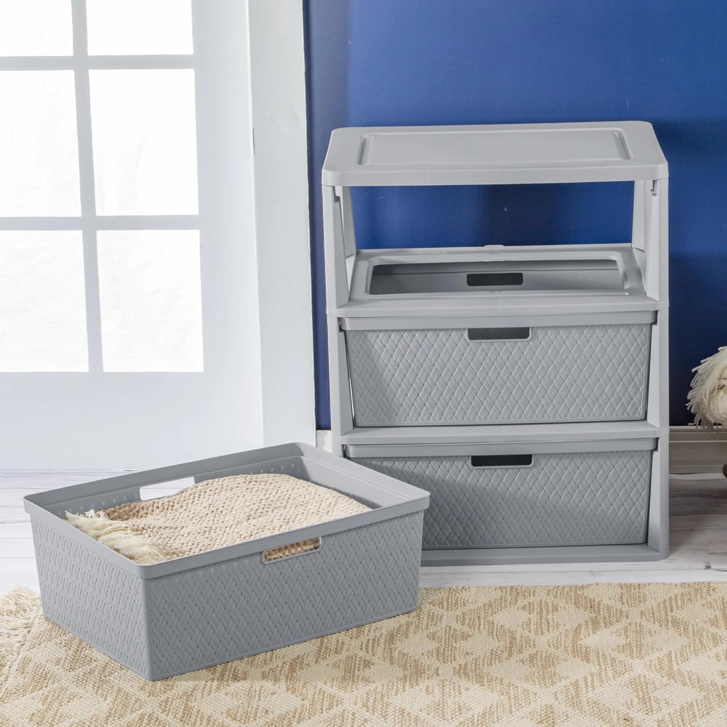 3-Drawer Wide Storage Tower, Plastic Organizer in Gray, Includes Removable Decorative Bins, No Tools Needed for Assembly