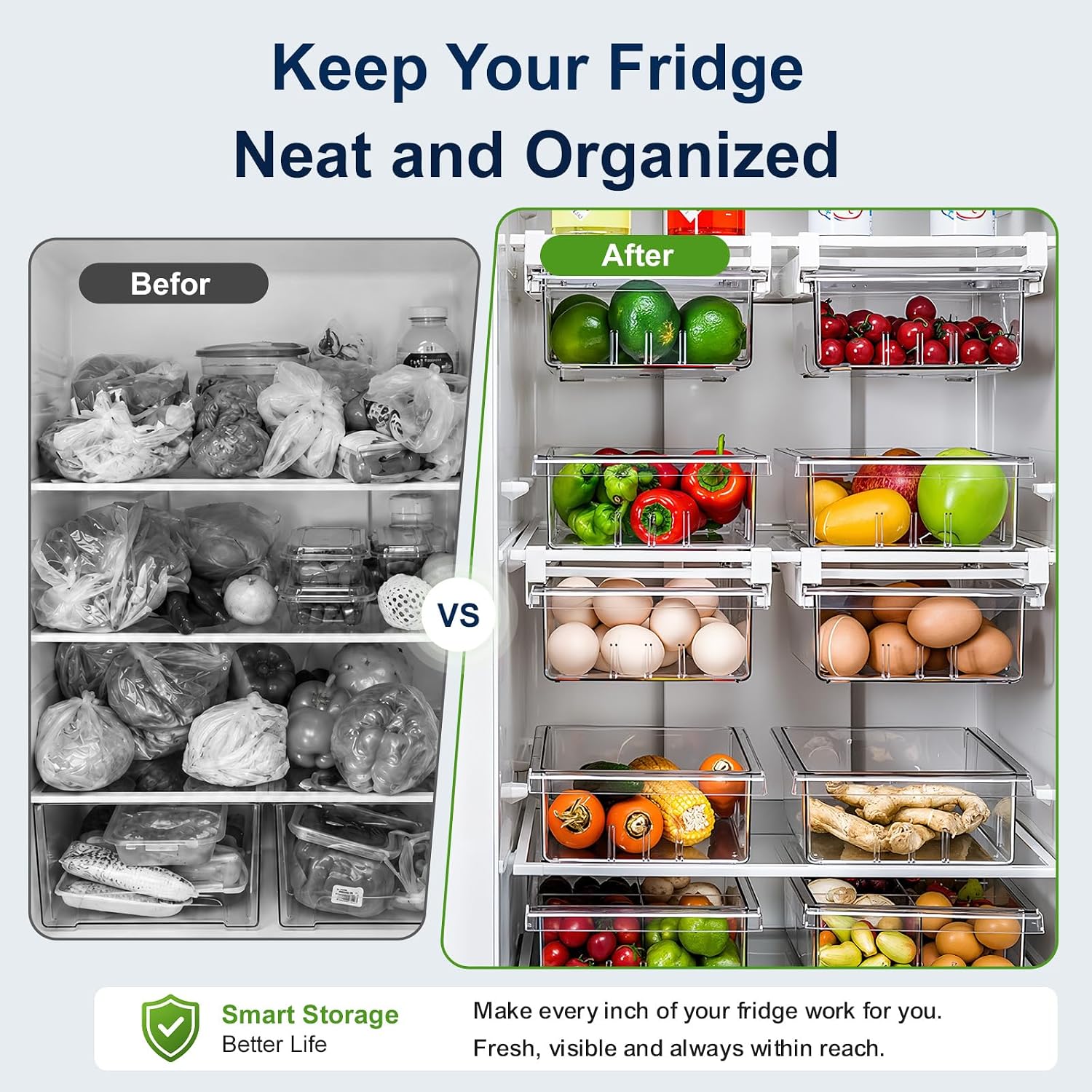 2 Pack Fridge Drawer Organizer Pull-Out Under Shelf Storage Bin