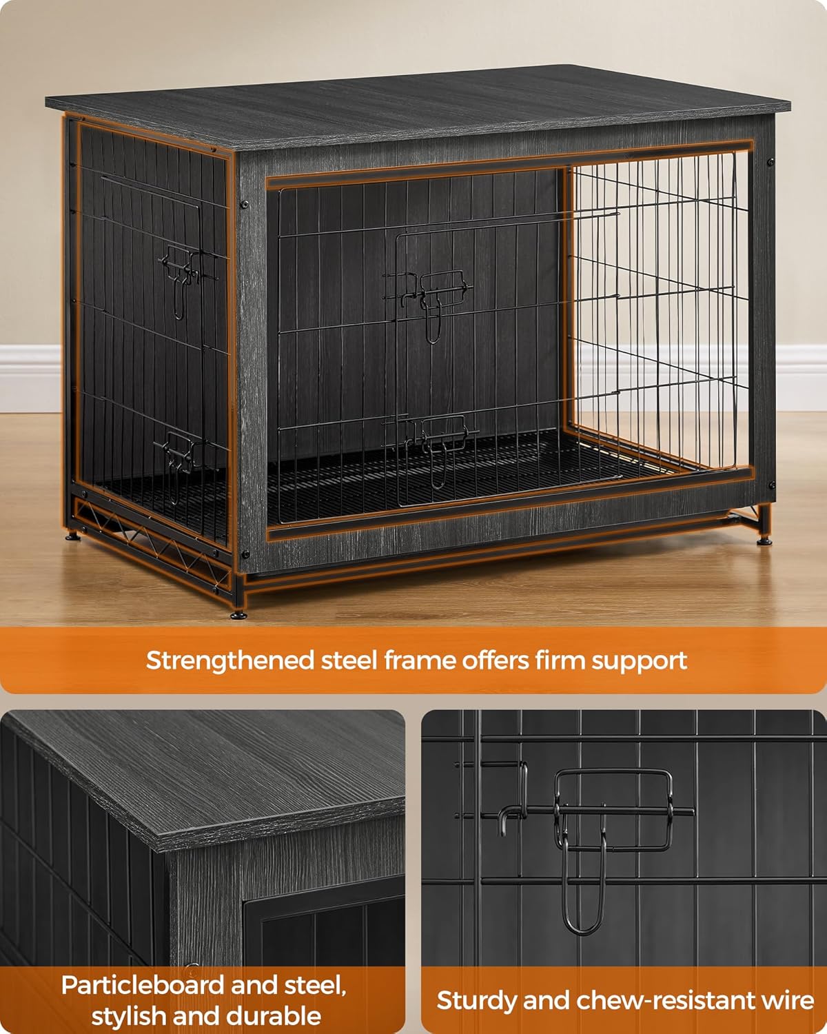 Feandrea 38.6" Dog Crate Furniture, Indoor Dog Cage Side End Table, XL Pet Wood Kennel for Large and Medium Dogs up to 70 lb with Multi-Purpose Removable Tray, Double-Door Pet House, Ink Black