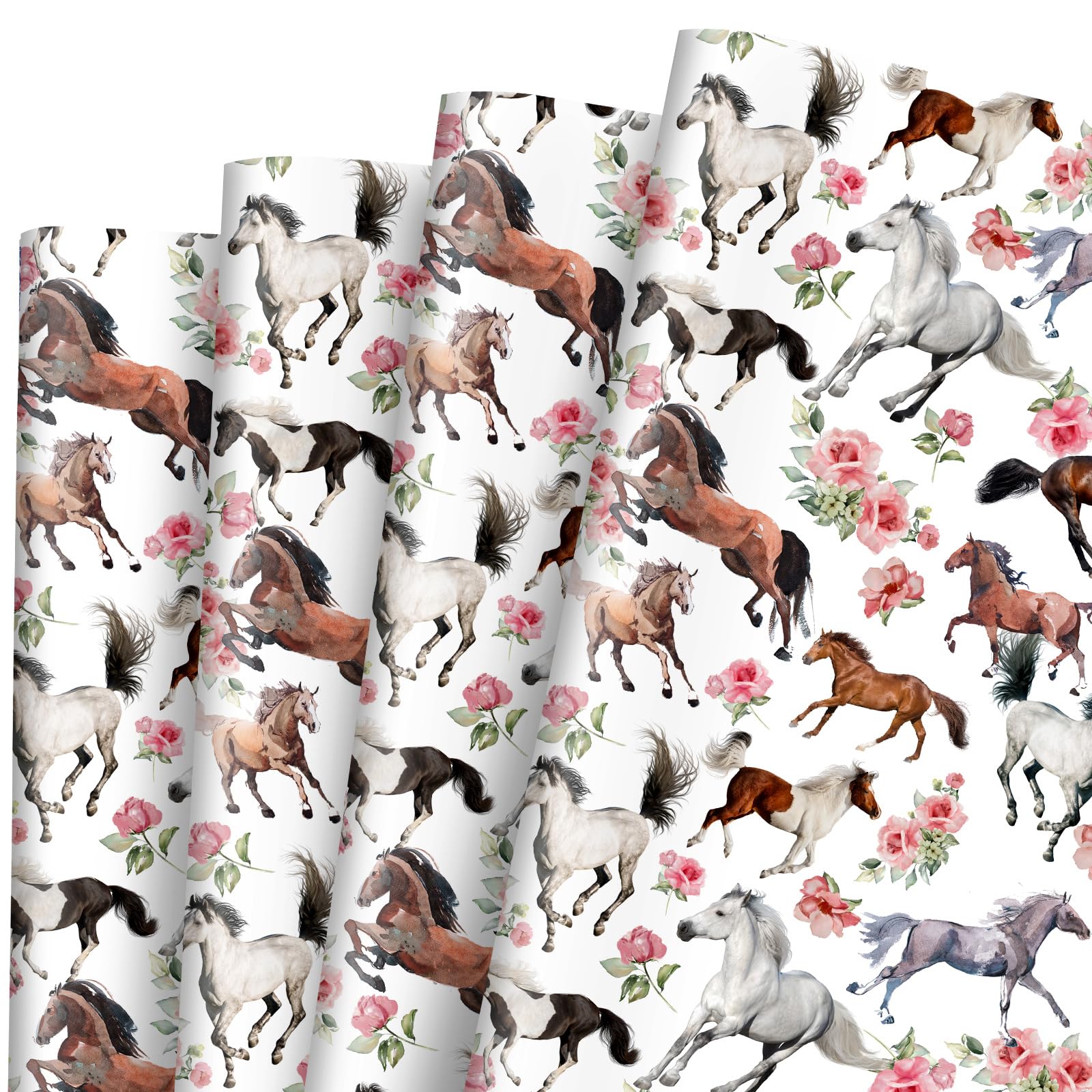 JarThenaAMCS Horse Floral Wrapping Paper -Not Roll- Watercolor Flower Horse Gift Wrap Paper Bulk 27.6 x 39.4 Inch Rustic Art Paper for Horse Racing