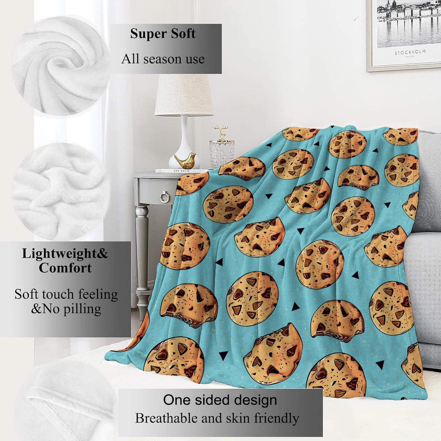 Sweet Cookie Blanket Fun Chocolate Blue Throw Blankets,Birthday Gifts for Girls Women & Dessert Lovers,Lightweight Soft Fleece Cozy for Sofa Couch Bed Room Travel Decor 60x80in - Image 2