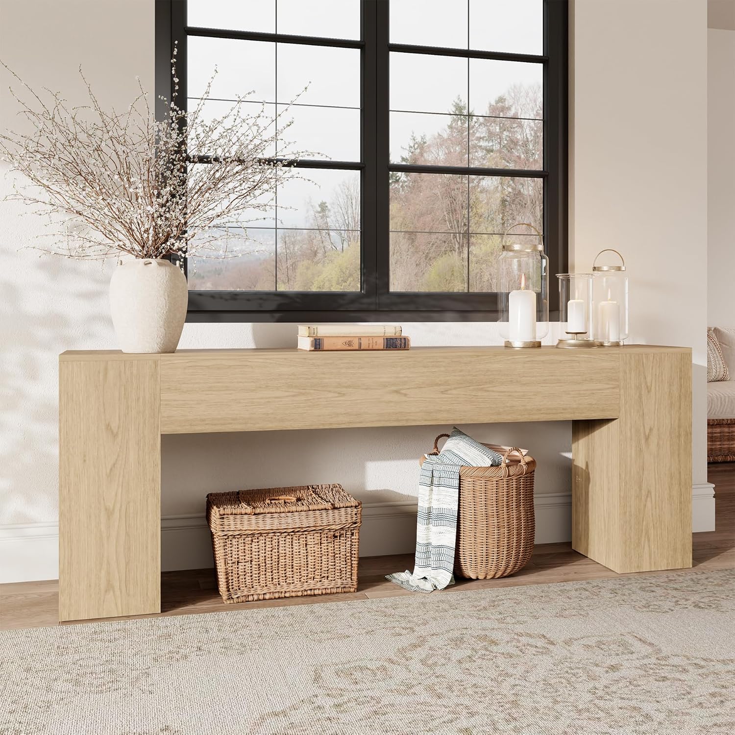 86 Inch Oak Console Tables for Entry Way, Wooden Console Table Behind Couch Farmhouse, Extra Long Entrance Table for Living Room, Hallway, Apartment, Light Oak