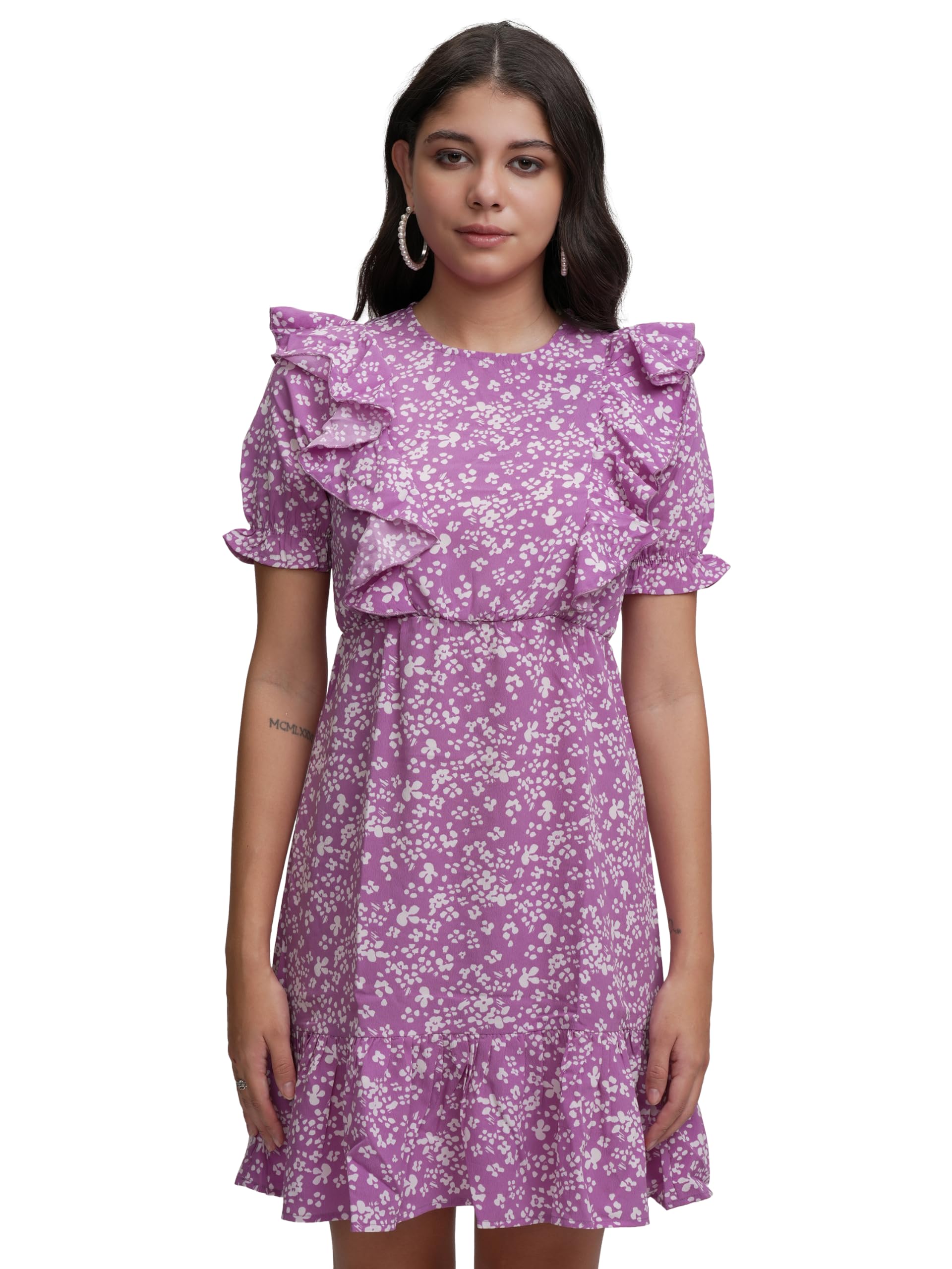 Womens Elegant Flared Sleeve Playful Mini Dress | Flowy | Feminine Silhouette for Effortless Grace | Floral Print | Dress for Women | Women Dress | Stylish Women Dress-image-2