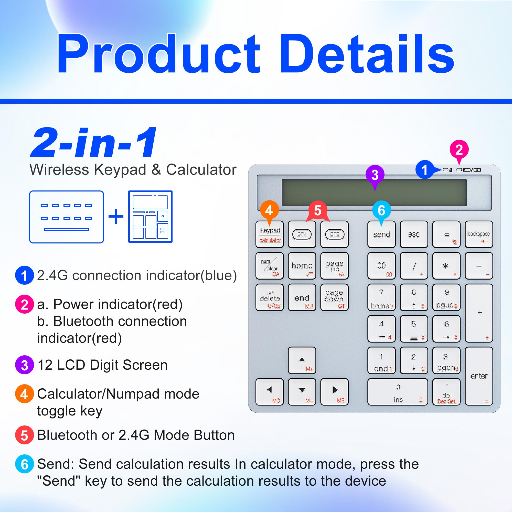 Rytaki Pro ​​Tastierino Numerico Wireless con Calcolatrice - 34 Tasti Tastierino Numerico Bluetooth per mac/PC/Laptop/MacBook/Windows/iOS e Android​（Ricarica USB-C）
