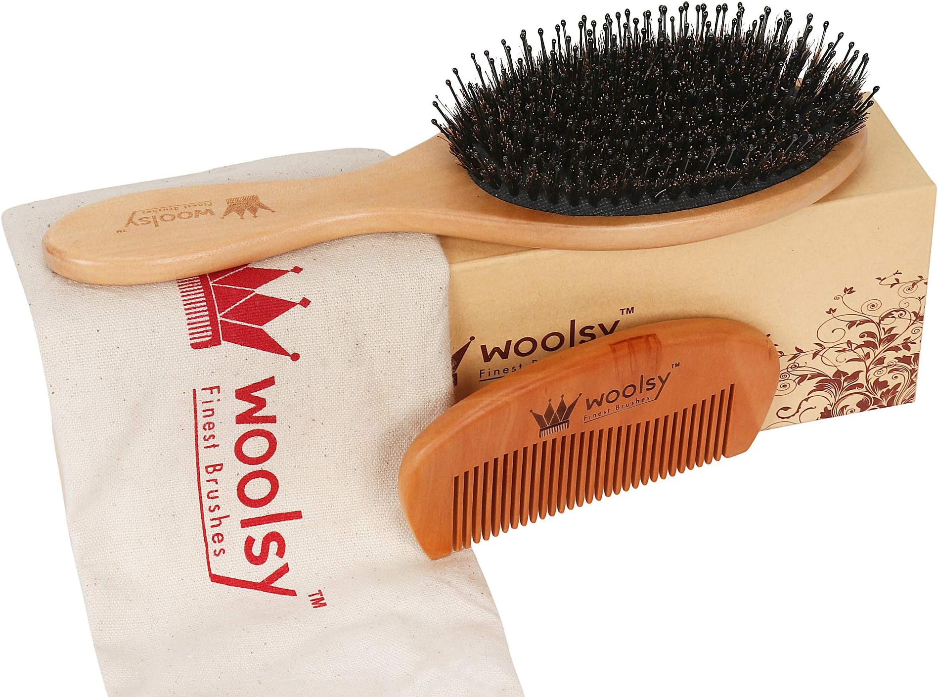 Woolsy Boar Bristles & Nylon Pins Hair Brush with Pear Wood Hair Comb - For Men & Women