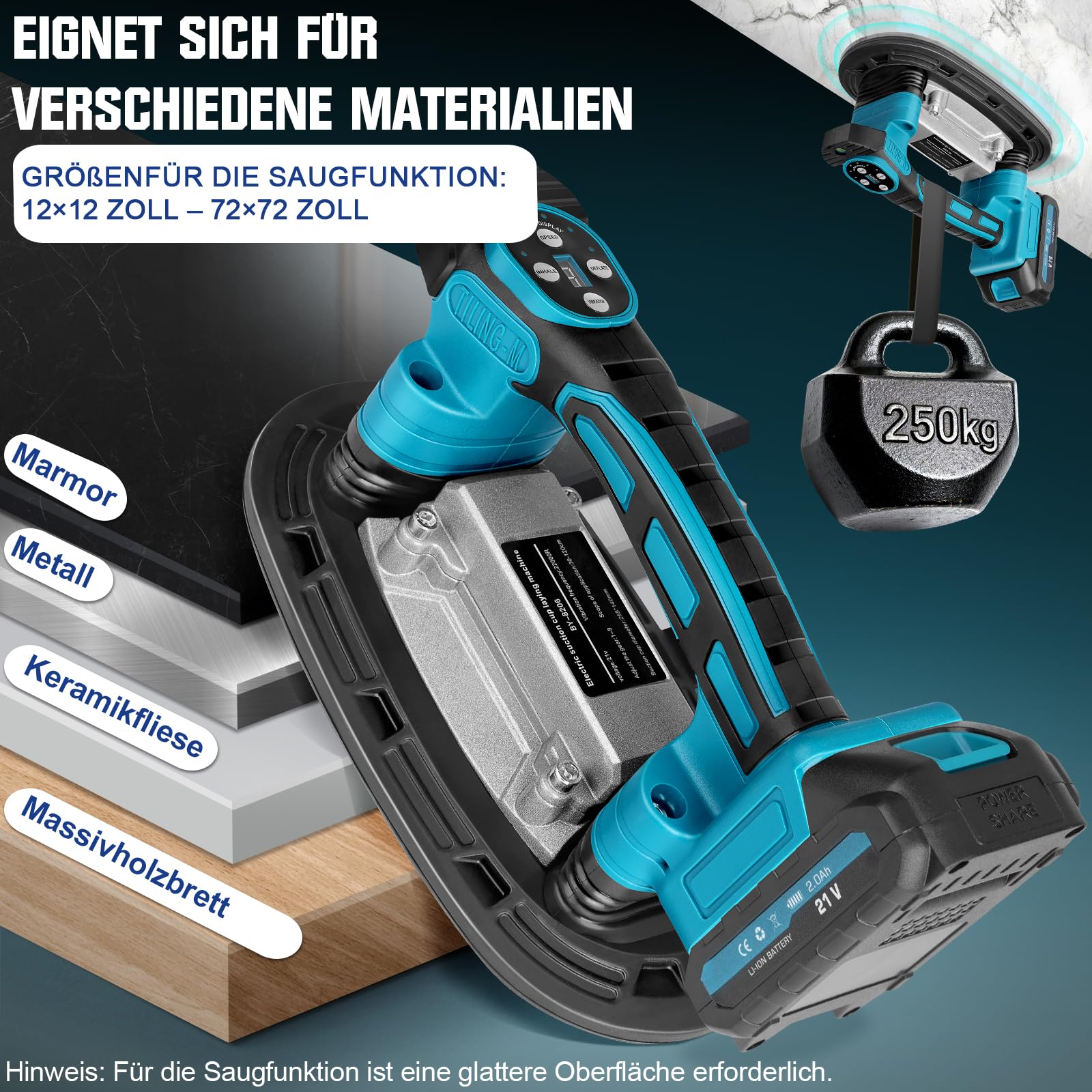 2 IN 1 Akku Fliesenrüttler & Saugnäpfen mit 2x2000mAh Akkus, Fliesenvibrator mit 22.5x12 Saugnapf | 250KG Adsorption | 9 Gang Einstellbaren 25000u/min Fliesenmaschine für 0.3-1.8m Fliesen Wandfliesen