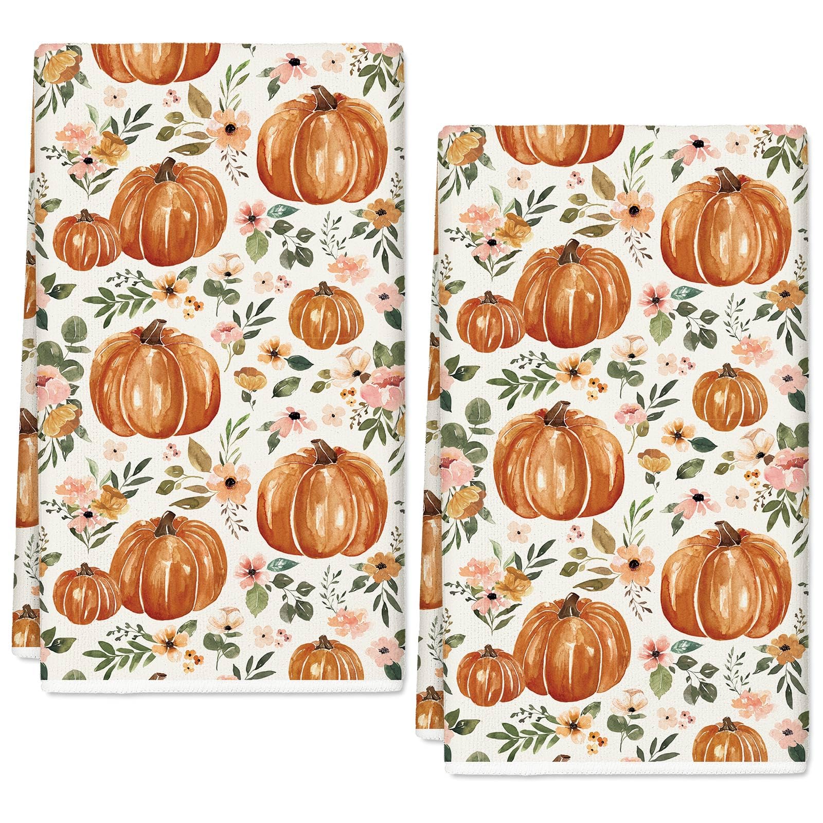 JarThenaAMCS Fall Kitchen Dish Towel 18 x 28 Inch Floral Pumpkin Dishcloth Rustic Autumn Farmhouse Hand Drying Tea Towel for Thanksgiving Cooking