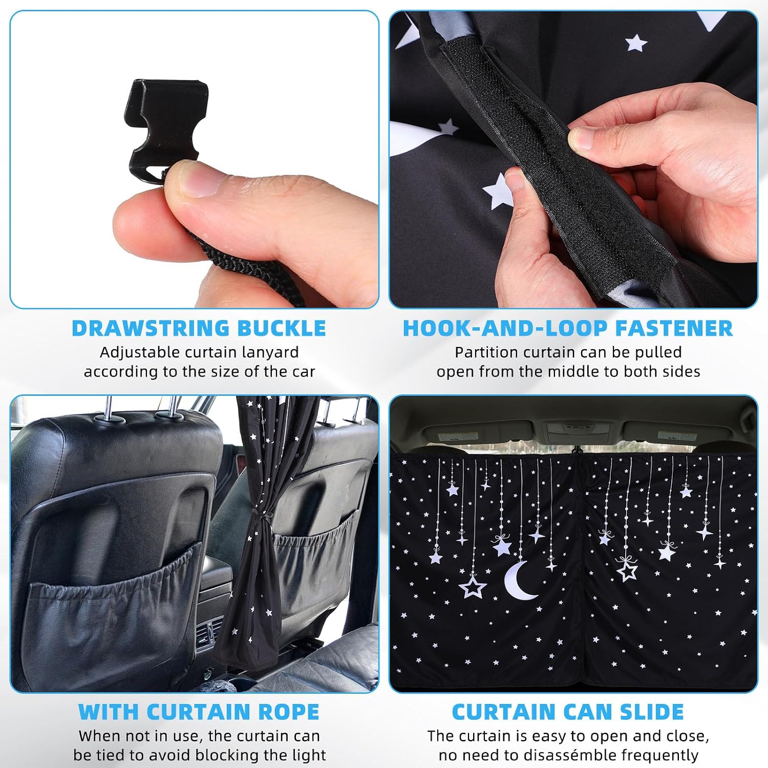 BBTO Privacy Curtains Set - 3 Car Dividers for Windows, Sedan, SUV, Travel & Camping - Detachable, Moon & Star Design