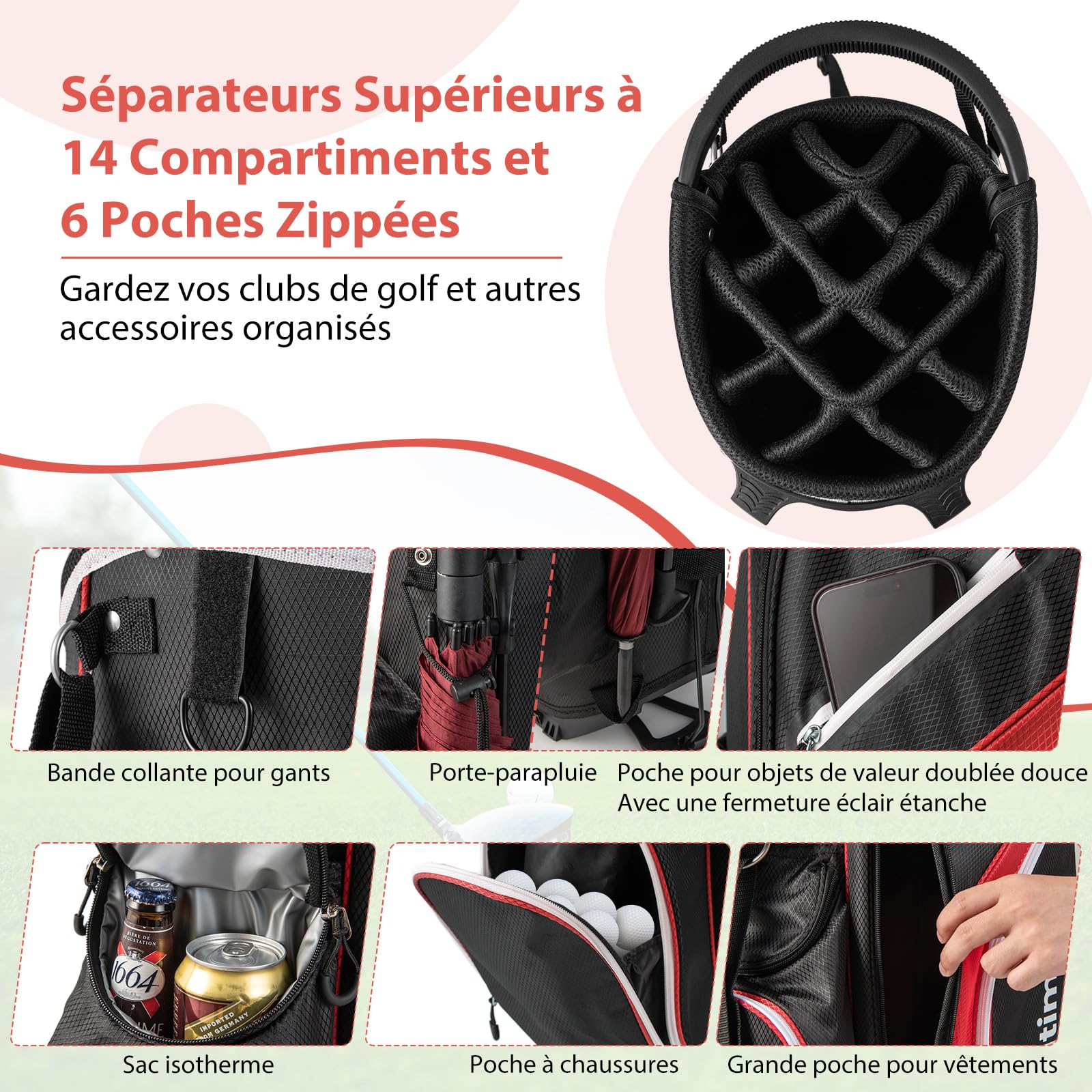 GYMAX Sac de Golf Trépieds avec 14 Séparateurs et 6 Poches de Rangement, pour Boisson, Objets de Valeur, Vêtements, avec Sangle Double, Capuche Anti-Pluie