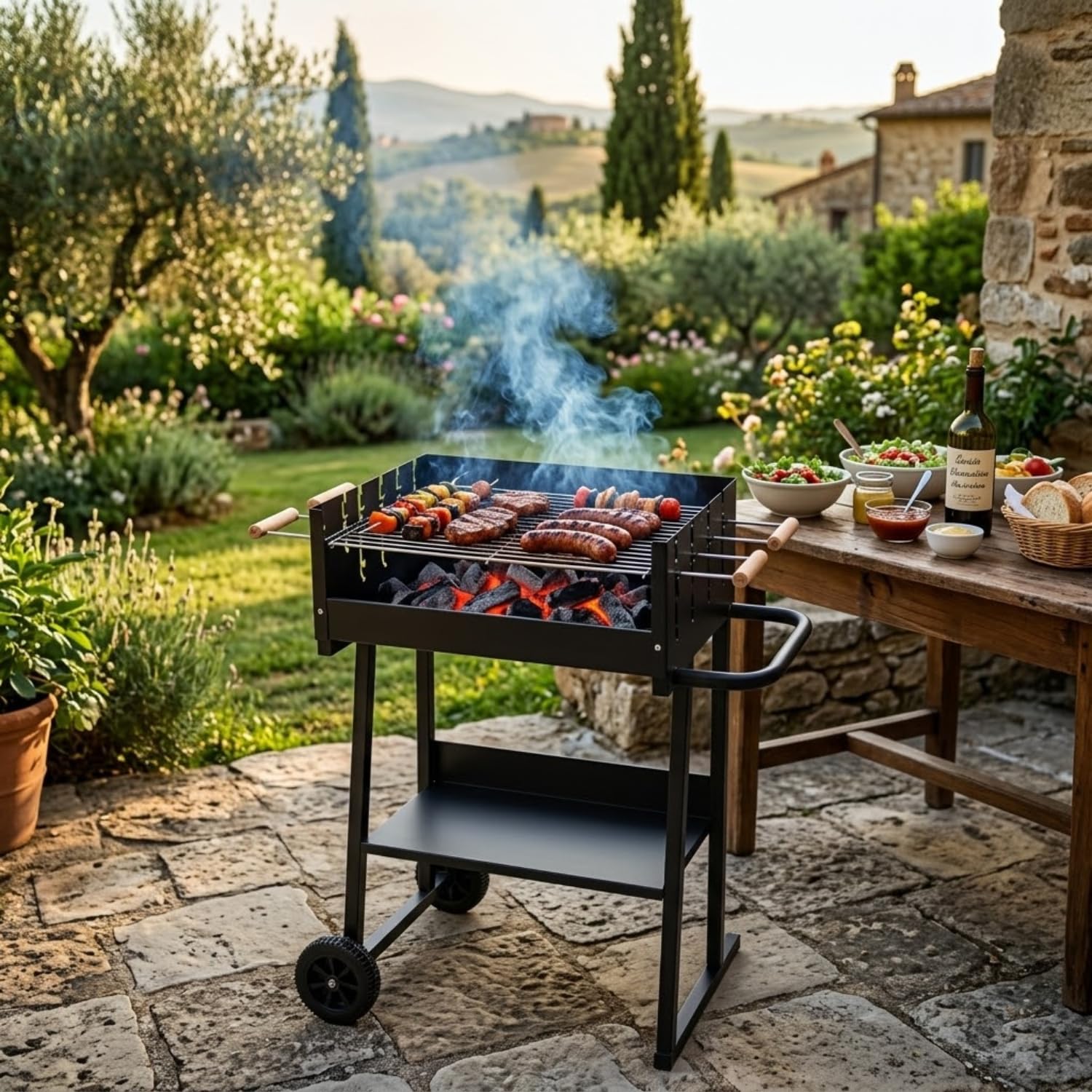 Barbecue A Carbone Con Griglia Regolabile In Altezza Telaio In Acciaio Resistente Al Calore Ripiano Inferiore Porta Accessori E Ruote Per Giardino Terrazzo Picnic 87 x 52 x 90 Cm Nero