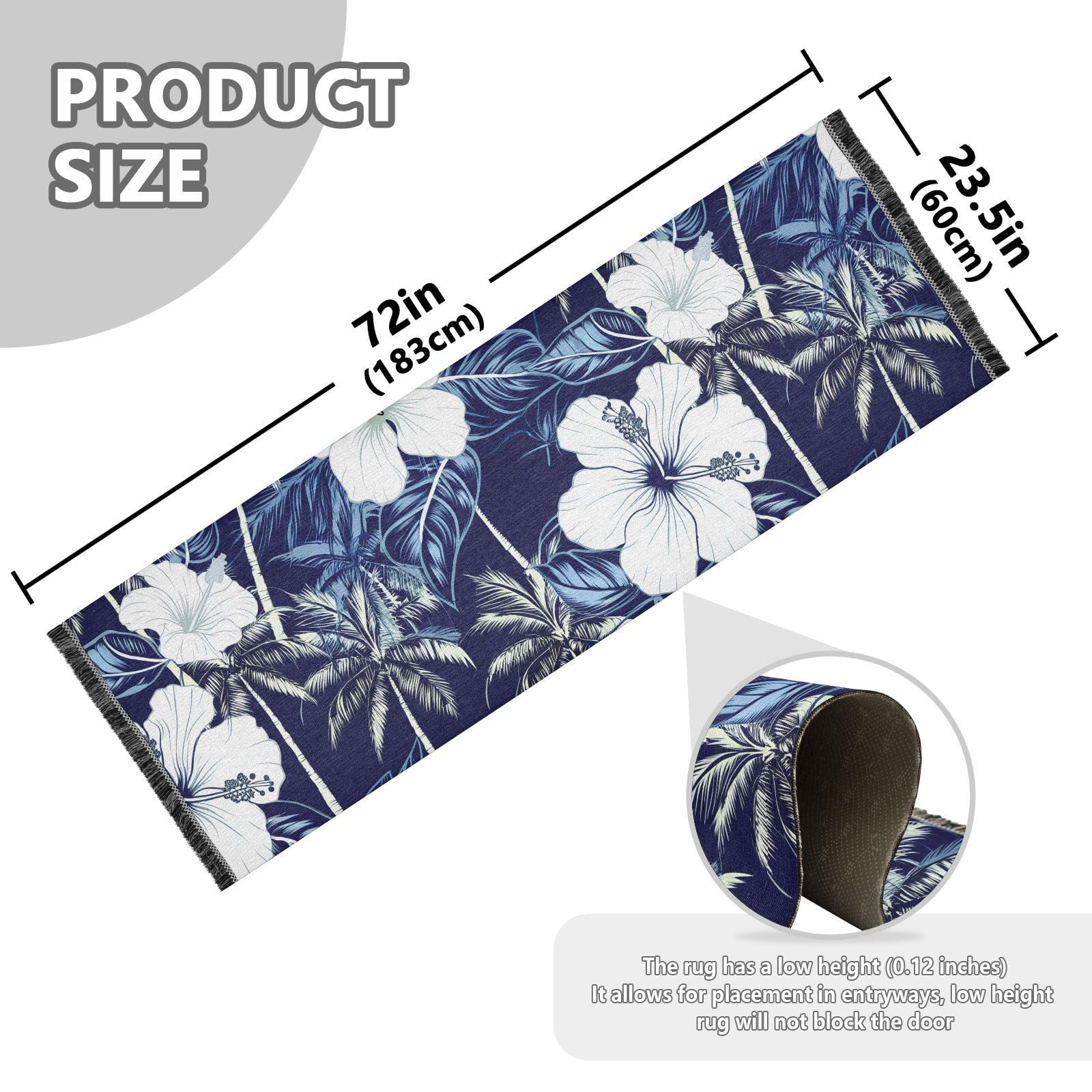 Tropical Hibiscus White Plam Runner Rug for Hallways Kitchen Rugs Washable Rug for Entryway Bathroom Bedroom 72 * 23.5 in