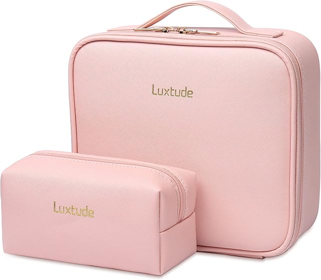 Luxtude Leather Travel Makeup Bag, Waterproof Cosmetic Vanity Train Case, Large Make Up Organiser Bags with Compartments, Beauty Cosmetic Makeup Box with Adjustable Dividers for Women Brushes Toiletry