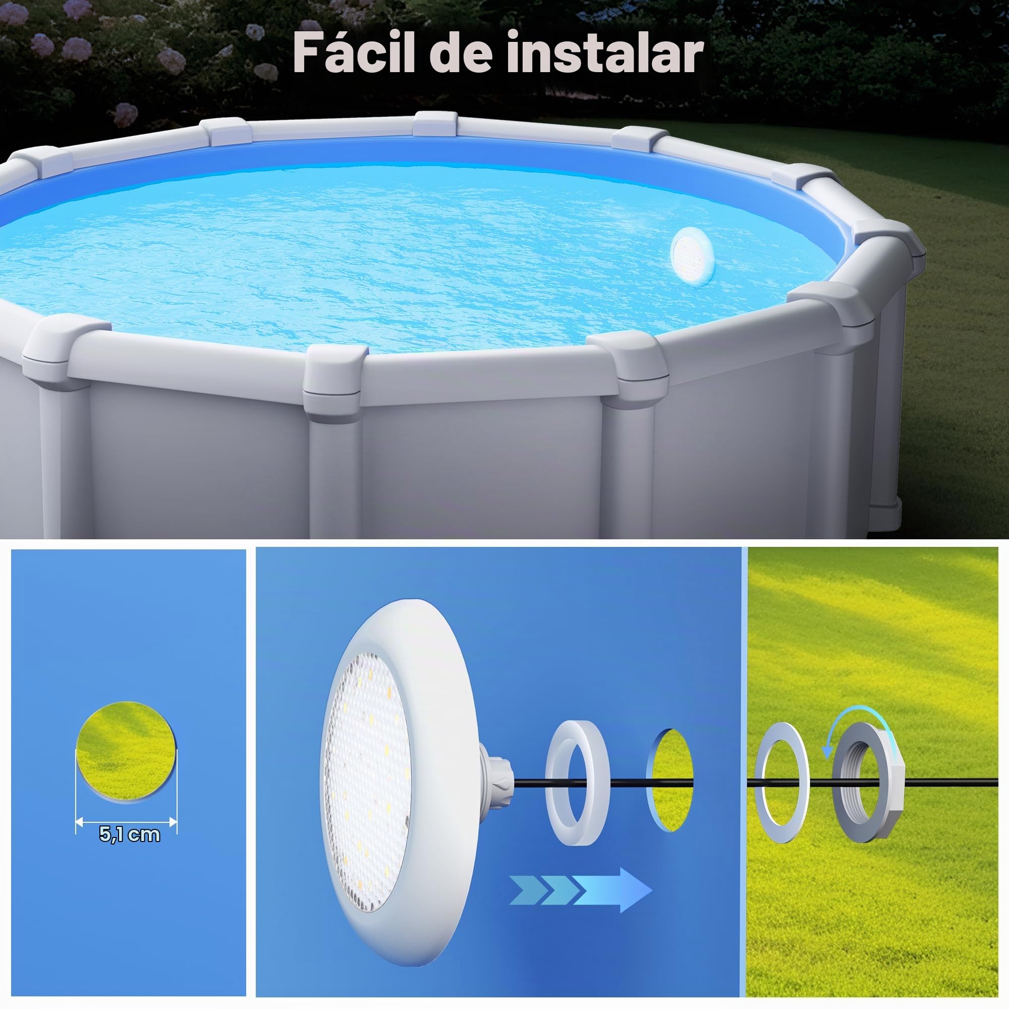 LyLmLe Foco Piscina LED con Rosca Externa 2", 18W Proyector LED Piscina 2 Colores Selectivos Blanco 3000K y 6000K, Ø242mm, 12V AC Lámpara Sumergible para Piscinas Elevada Acero