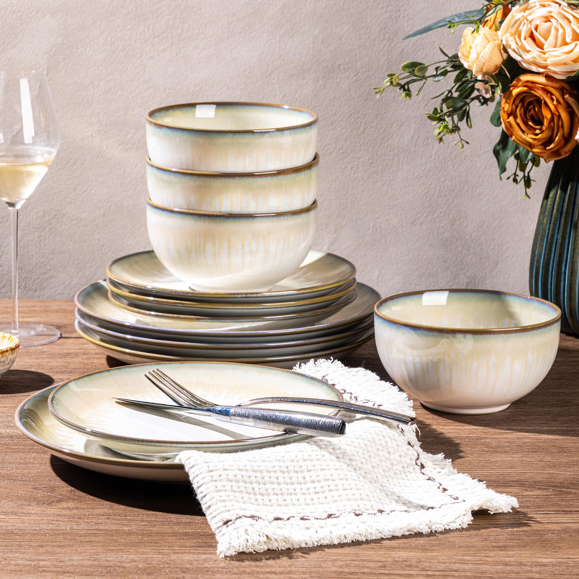 Photo 1 of LERATIO Ceramic Dinnerware Sets for 4,Reactive Glaze Plates and Bowls Set with Mugs, Dishwasher,Microwave & Oven Safe Dishes set-Sage Ivory