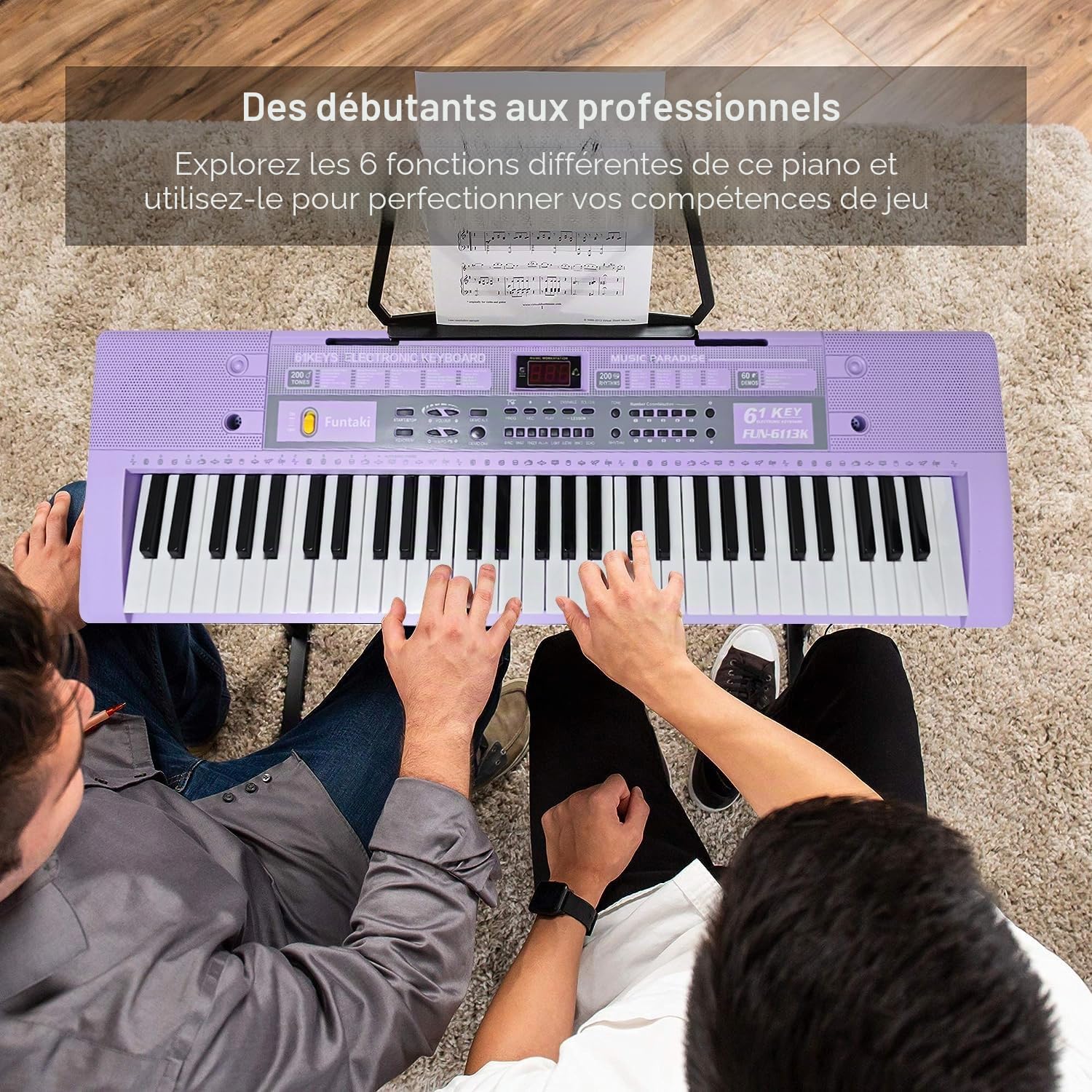 Clavier de piano électrique à 61 touches avec touches éclairées, synthétiseur numérique portable avec support, mini clavier musical pour débutants, enfants et adultes Violet