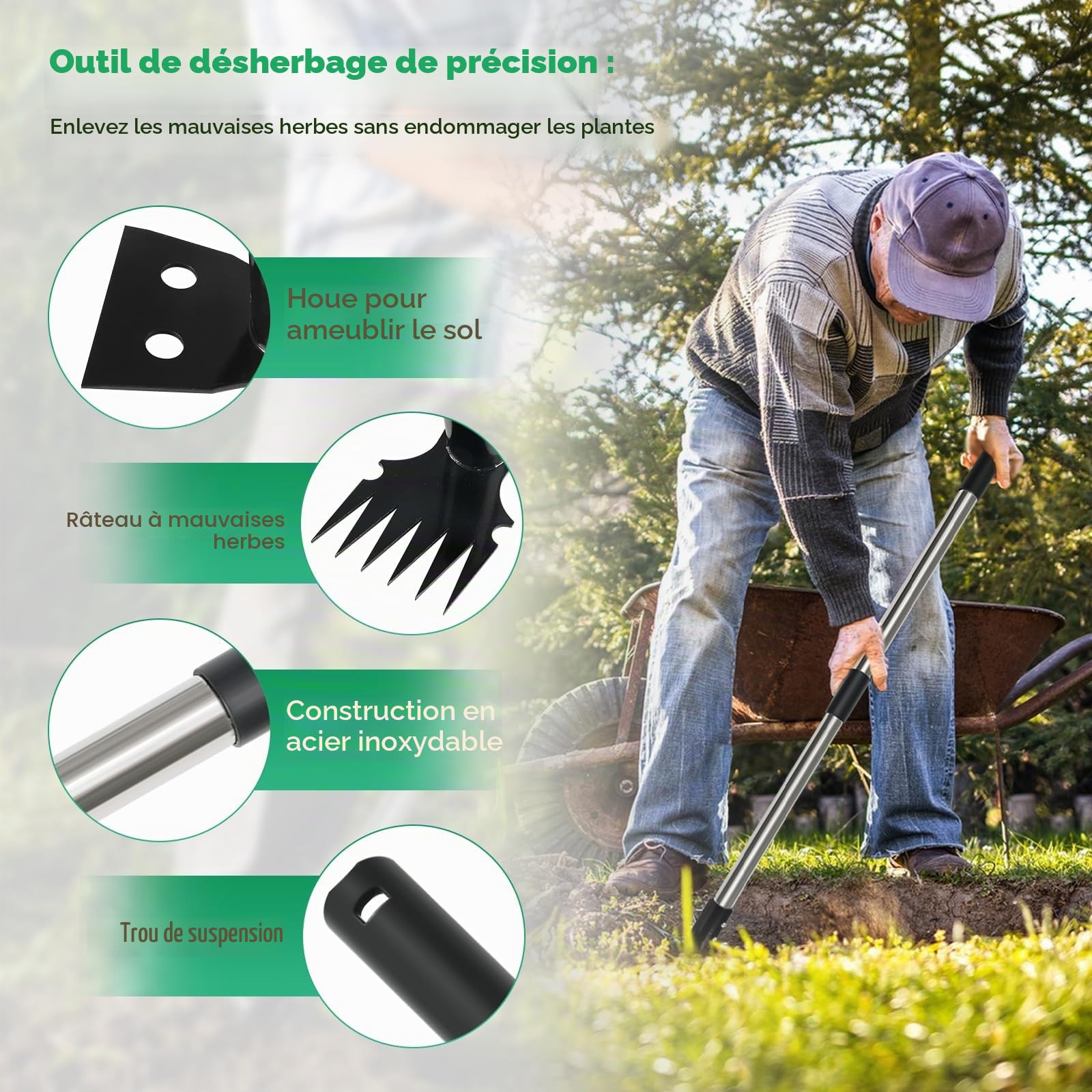 Outil d'arrache-mauvaises herbes avec long manche, râteau manuel 2 en 1 et binette de jardin de 150 cm, 4 sections détachables et robustes avec gants pour terrasse, jardin, cour, pelouse