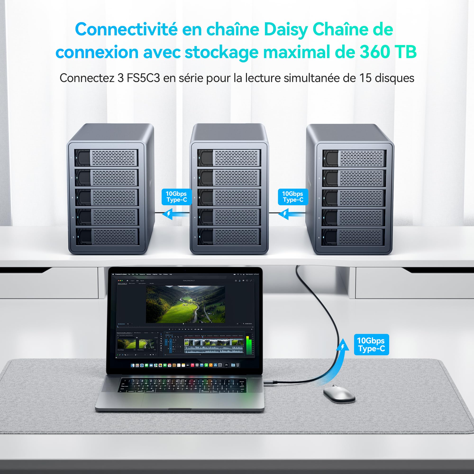 Yottamaster 10Gbps 5 Baies Boîtier Disque Dur, Daisy Chains Externe Type-C pour 2.5"/3.5" HDD/SSD Jusqu’à 5 × 24 to Expansion vers 2 Périphériques USB pour Une Capacité allant jusqu'à 360To