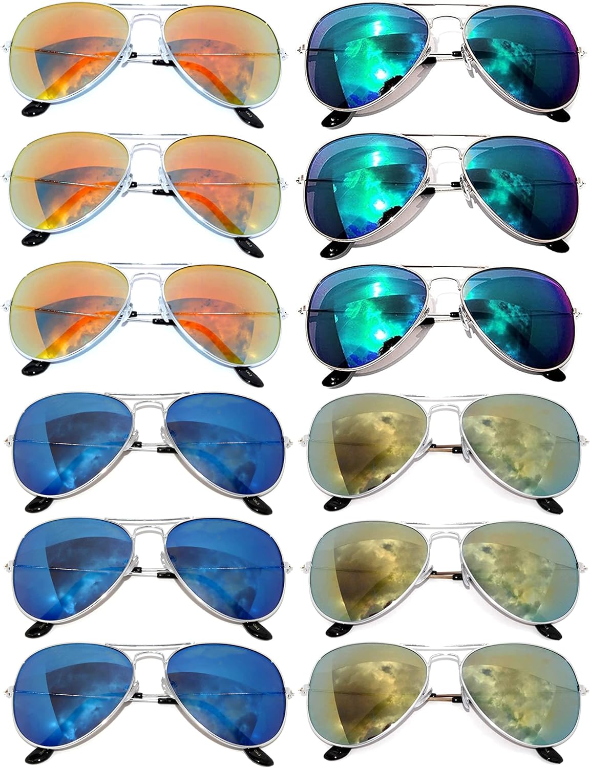 OWL 12 Pairs Aviator Style Sunglasses Metal Gold, Silver, Black Frame Colorful, Smoke, Mirror Lens