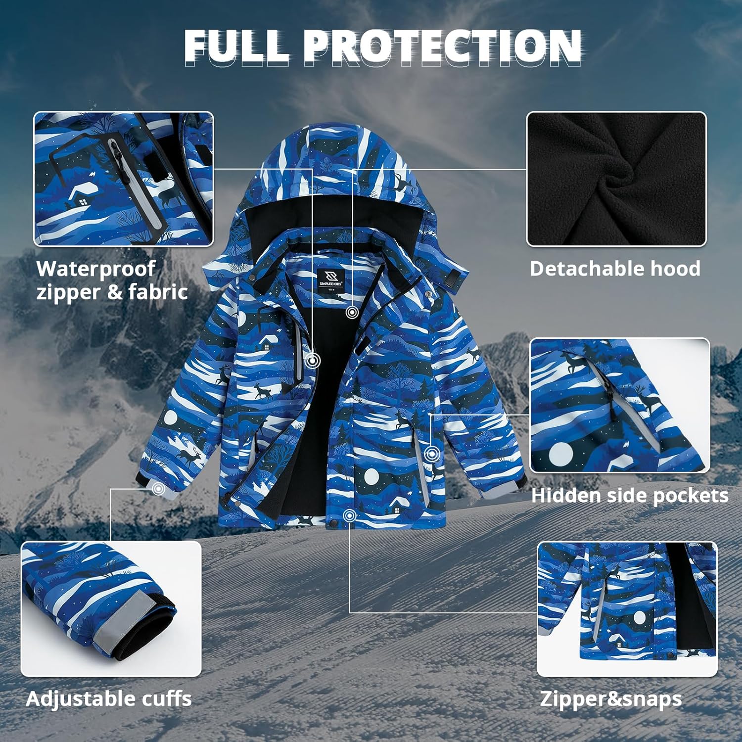 Simplee kids Waterproof Ski Jacket Boys Winter Coat Fleece Hooded Snow Warm Padded Raincoats