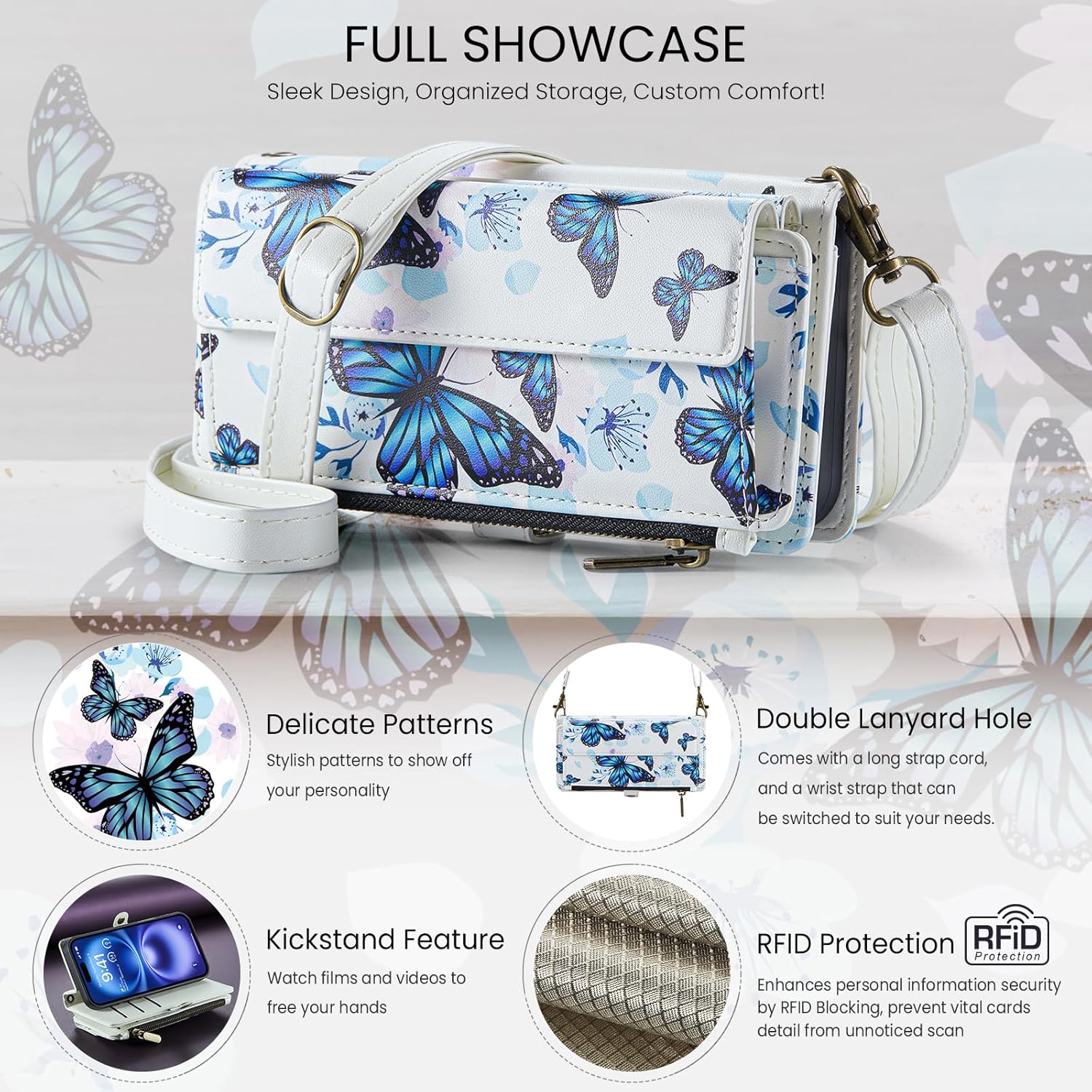 for iPhone 16 Plus Case Wallet with RFID Blocking Card Holder Colored Drawing PU Leather Magnetic Snap Flip Zipper Strap Wallet Phone Case Fit for iPhone 16 Plus,Aurora Butterfly