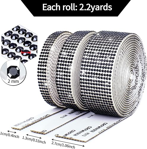 Miniatura 8 de 3 rollos  6.6 yardas, cinta autoadhesiva de diamantes de imitación de diamantes de imitación, calcomanía de lentejuelas con diamantes de imitación