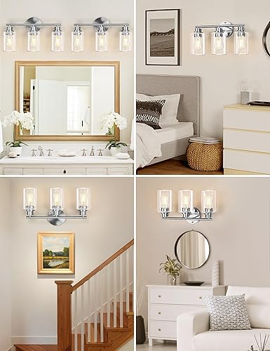 Miniatura 3 de LOHAS - Lámparas de baño, 3 luces de baño de níquel cepillado sobre espejo con pantalla de vidrio transparente, luces de tocador para baño, pasillo,