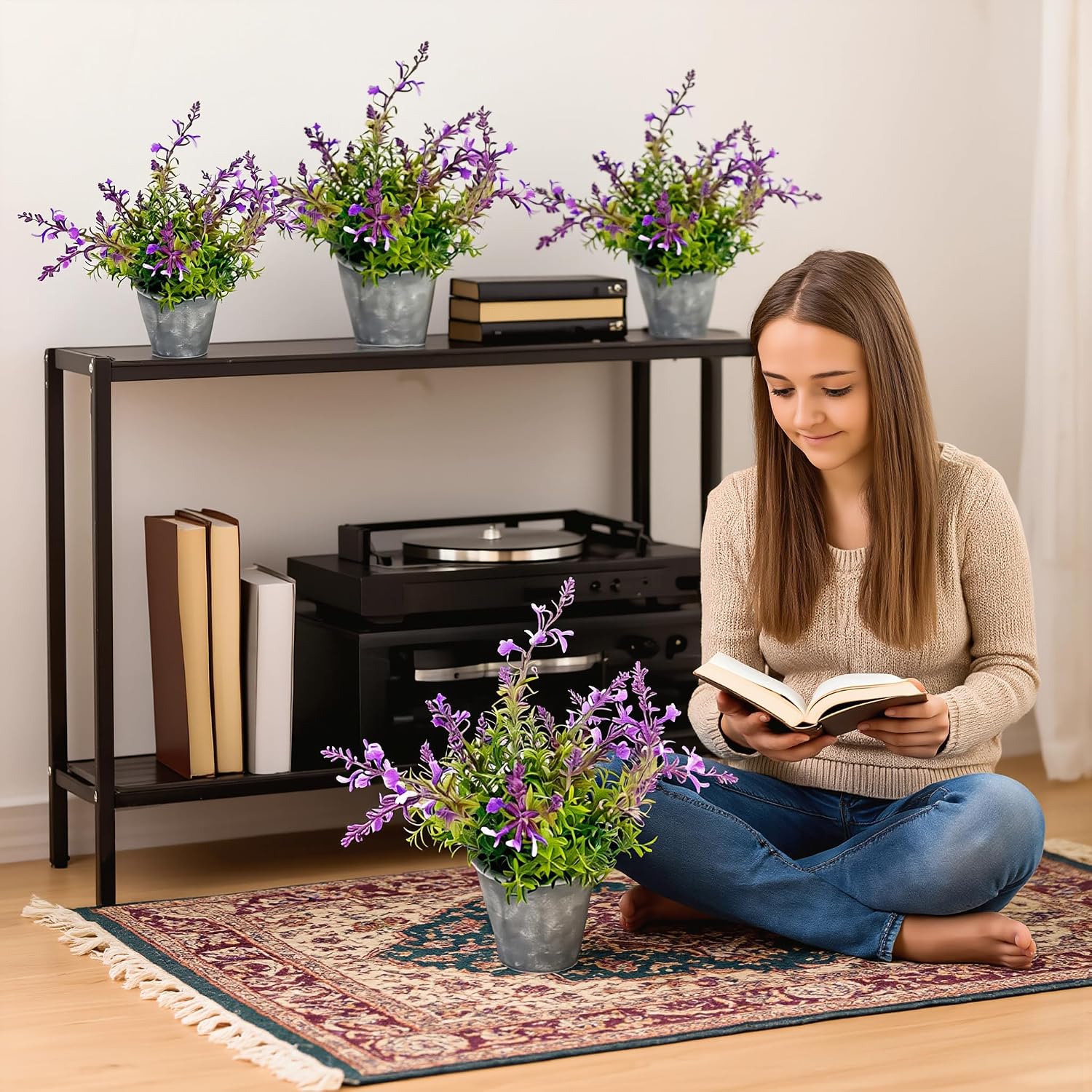 MONOID Artificial Lavender Potted Plant for Desk, Faux Purple Flower Greenery with Textured Gray Pot, Fake Plant for Home Office Shelf Decor（Lavender）