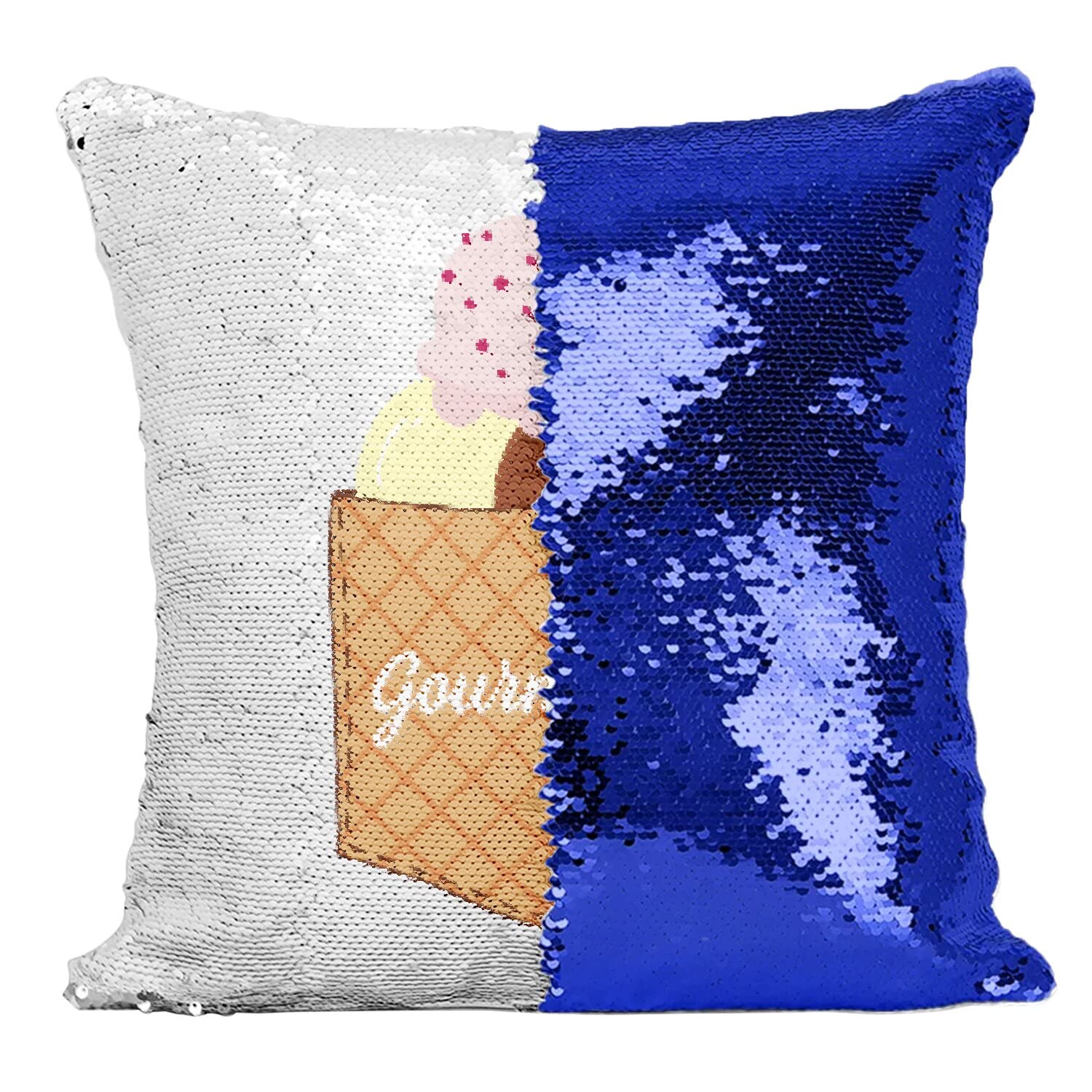 Coussin sequin bleu paillettes réversibles avec poche surprise motif glace