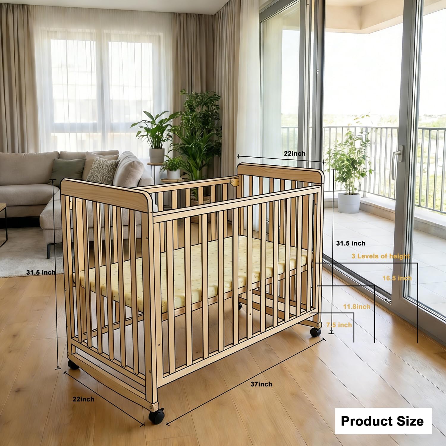 3-in-1 Mini Baby Crib - Baby Bassinets Bedside Sleeper, Solid Pine Wood Baby Bed with Adjustable Height, Natural Small Crib with Mattress & Lockable Wheels for Infant Baby Newborn | Solid Pine Wood