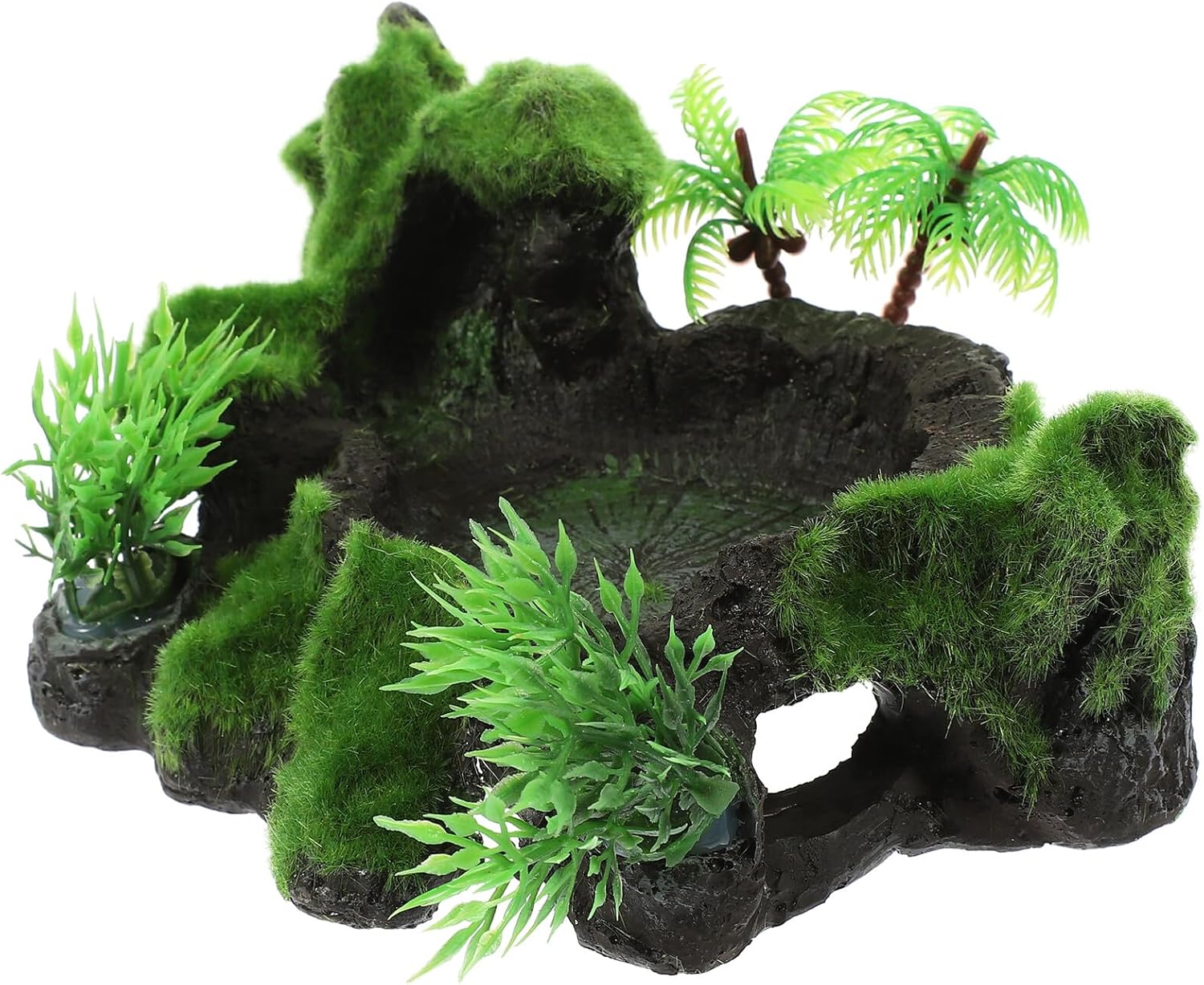 Decorative Resin Reptile Water Dish Terrarium Bowl with Flocking Tree Stump Design Vivid Natural Feeding Accessory for Lizards and Amphibians