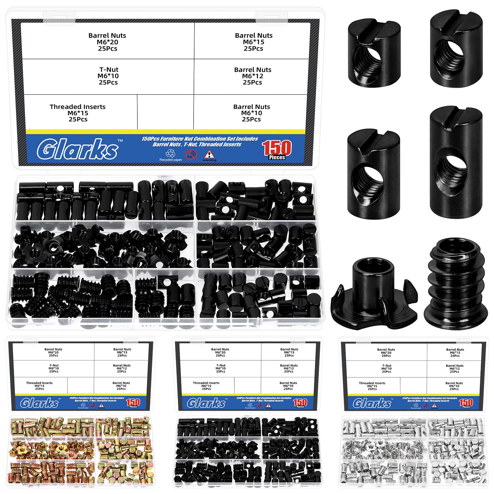 Glarks 150pcs M6 x 10/12/15/20mm Black Barrel Cross Dowels Slotted Nut Kit, Includes 100pcs Barrel Nut, 25pcs M6x10mm 4-Pronged Tee Nut, 25pcs M6x15mm Hex Socket Threaded Insert Nuts