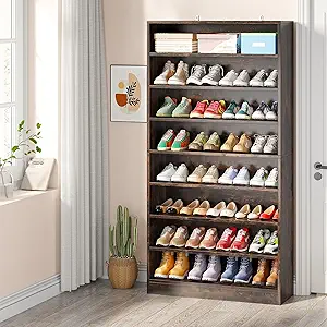 Tribesigns Tall Shoe Cabinet, 9 Tiers 40-45 Pairs Heavy Duty Wood Freestanding Shoe Storage Cabinet, 70.8'' Tall Shoe Cabinet with Open Storage for Entryway (Rustic Brown)