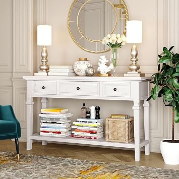 Harper & Bright Designs Console Table with 3 Top Drawers and Open Style Bottom Shelf for Living Room, Entryway, Hallway and Bedroom, Classic Retro Style Antique White