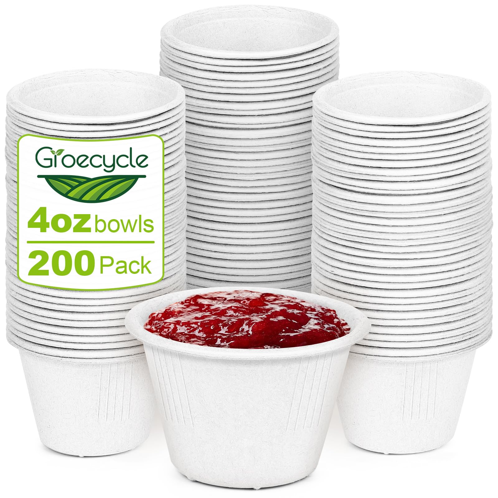 Groecycle Small Paper Bowls 4 oz, 200 Pack Compostable Paper Bowls, Disposable Chili Bowl, White Bagasse Bowl for Ice Cream, Dessert, sauce