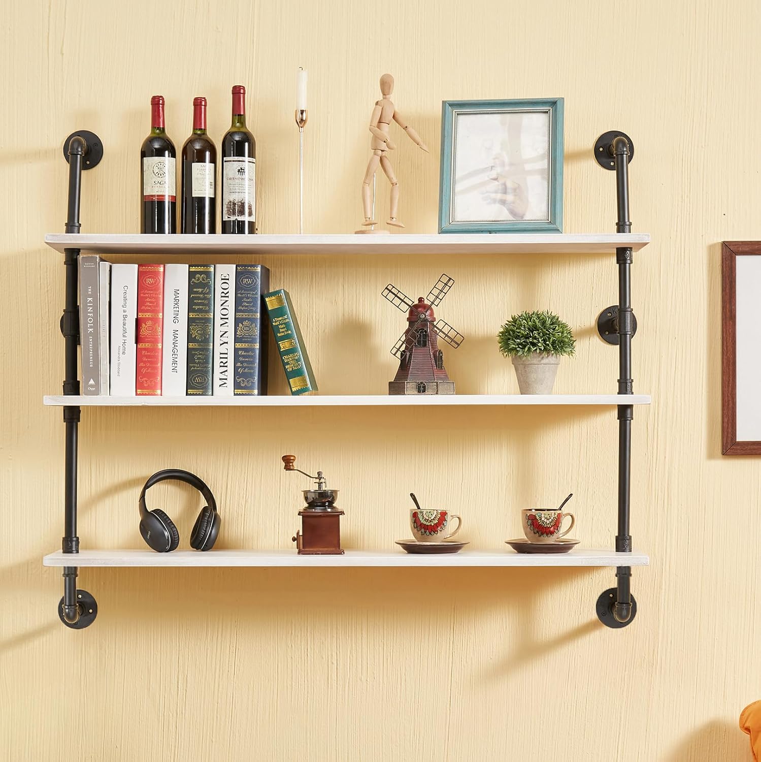 Industrial Pipe Shelving Rustic White Pipe Wall Shelves Industrial Shelves with Wood Planks Industrial Floating Shelves 48 Inch Farmhouse Bathroom,Kitchen Shelving Wall Mounted 3Tier48in