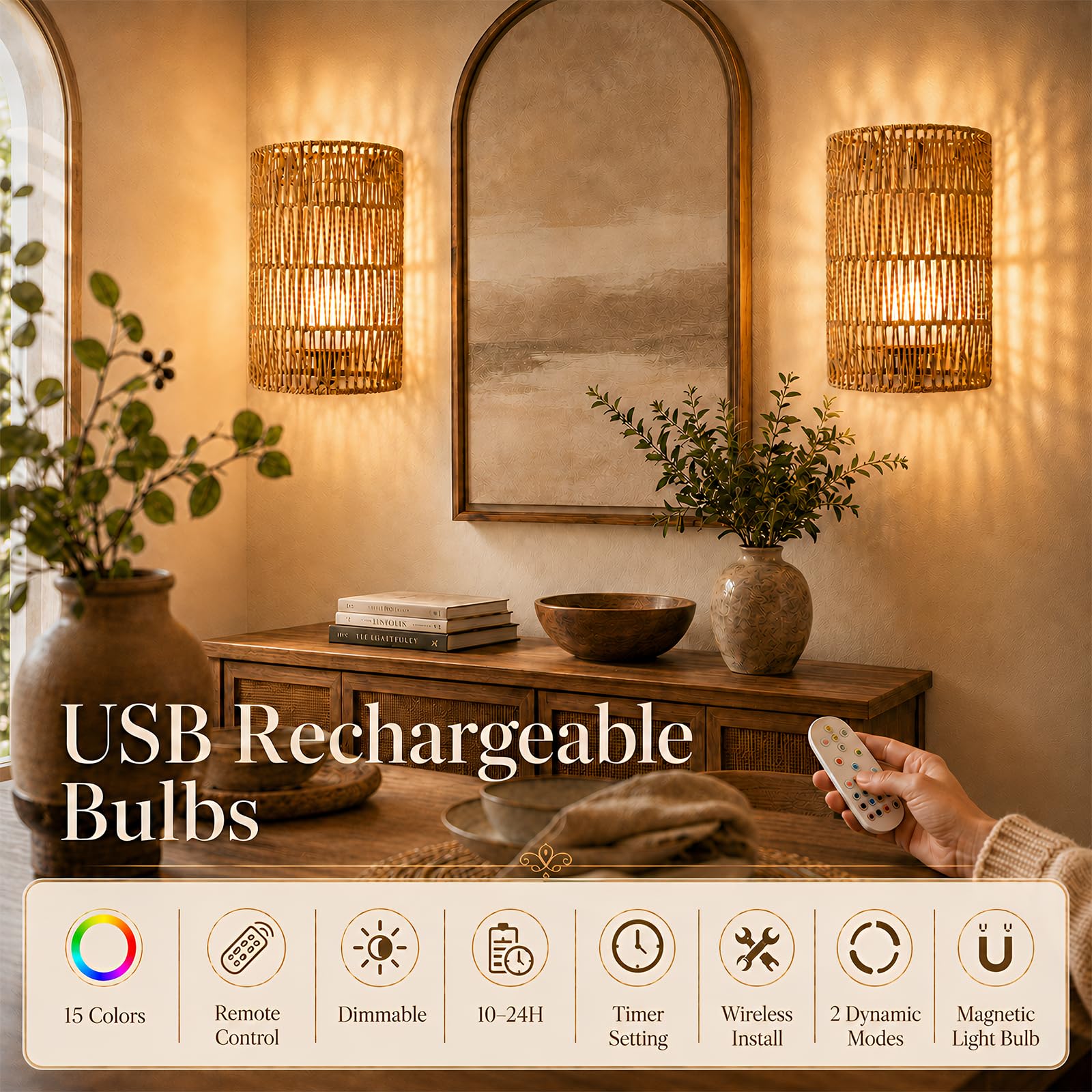 2 Stück Boho Rattan Wandlampe Innen Akku,wandleuchte innen Stromanschluss,RGB Dimmbare Wandleuchten mit Fernbedienung, 3Zeitplanungsmodi, Boho Rattan Nachttischlampe für Schlafzimmer Wohnzimmer Flur