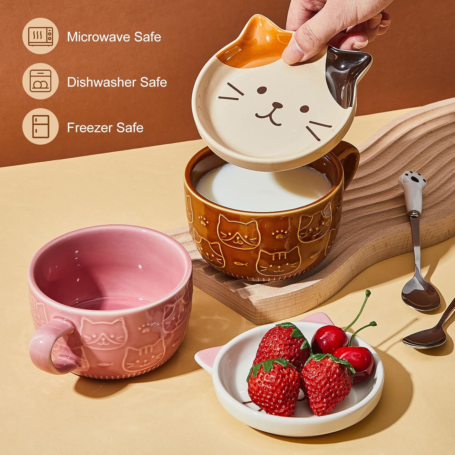 2 Pcs 10 oz Ceramic Cute Cat Mug with Lid - Kawaii Cat Tea Cup, Funny Novelty Coffee Cup and Dessert Saucer Set for Women Back to School Birthday Christmas Teacher's Appreciation - Image 5