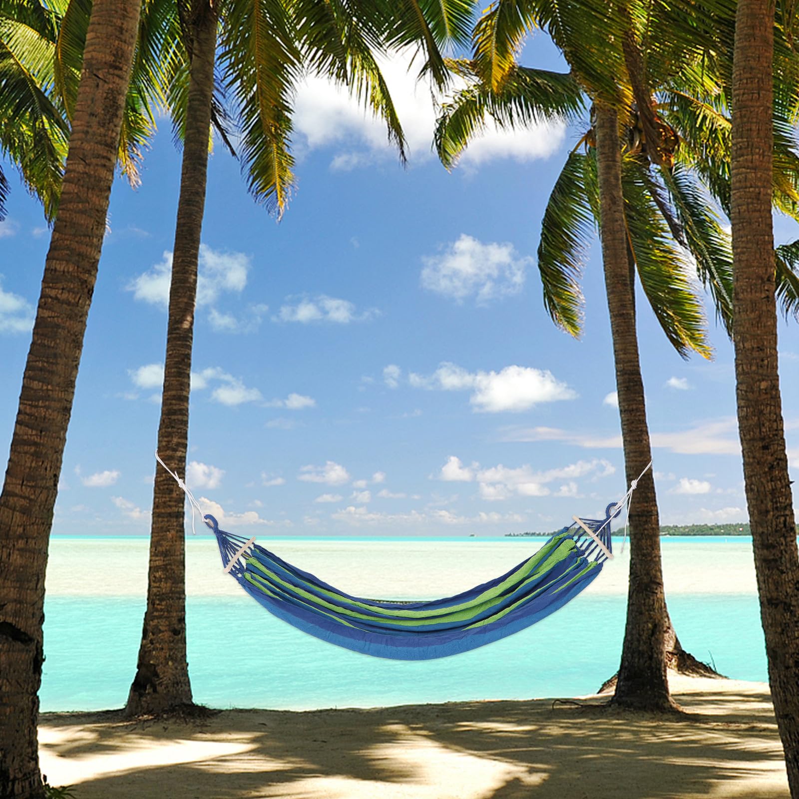 Hemobllo Hamac de Camping Double en Toile de Coton Rayée Bleu avec Boucle Anti-Renversement Capacité 150kg Pliable pour Forêt et Plage