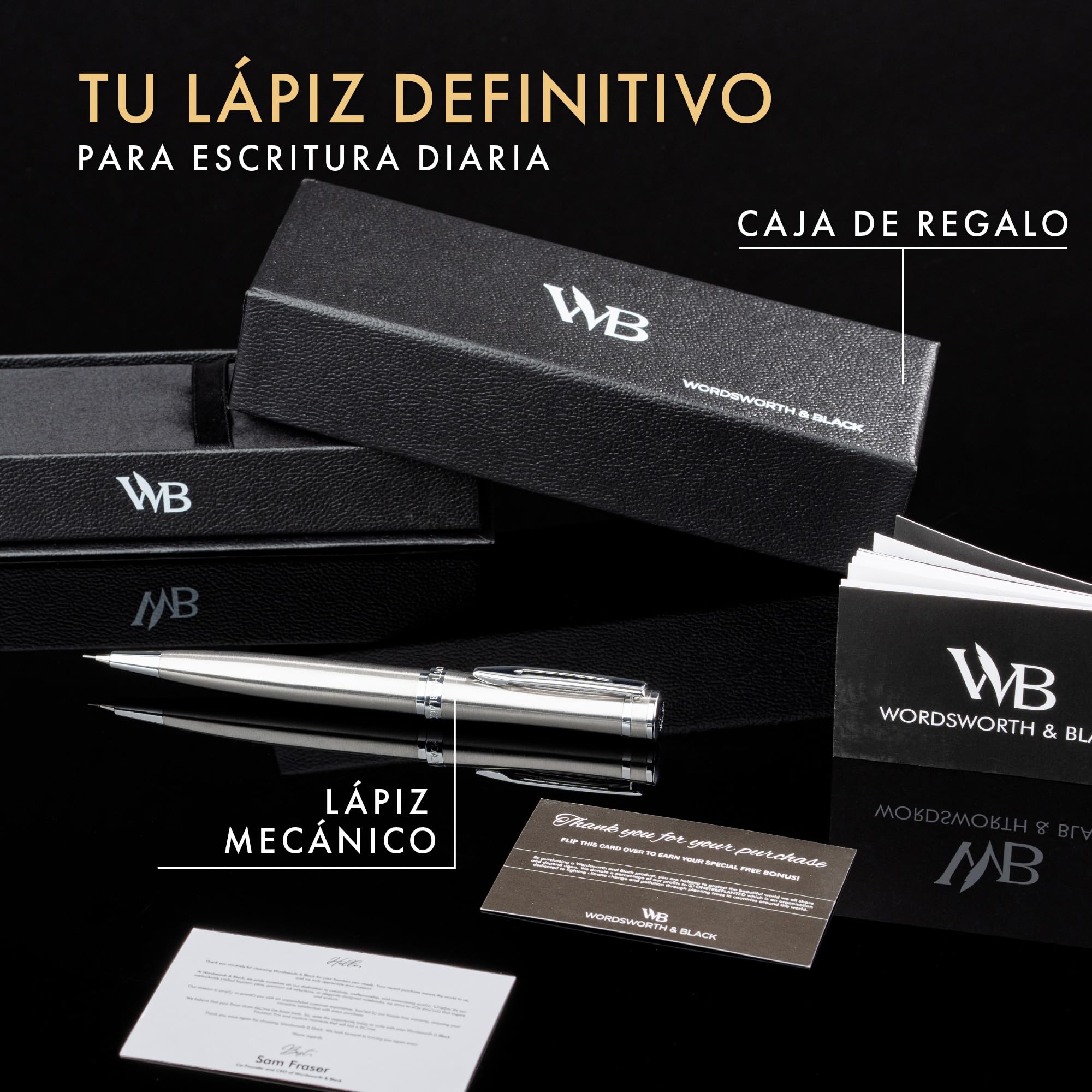 Wordsworth y Black Lápiz Mecánico Mina de Grafito - Acabado en Cromo Plateado, Mina de 0,7 mm, Mejor Set para Hombres y Mujeres, Lápices Profesionales de Oficina
