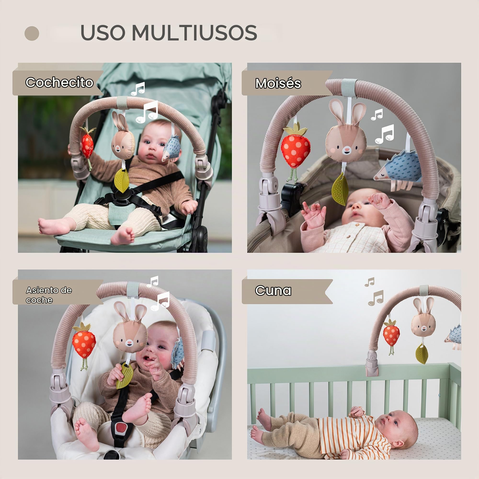 Taf Toys Arco musical de conejito para cochecito. Arco de viaje de actividades con 3 juguetes sensoriales para colgar. Barra de juguetes para cochecitos y asientos de coche. Clips ajustables grandes