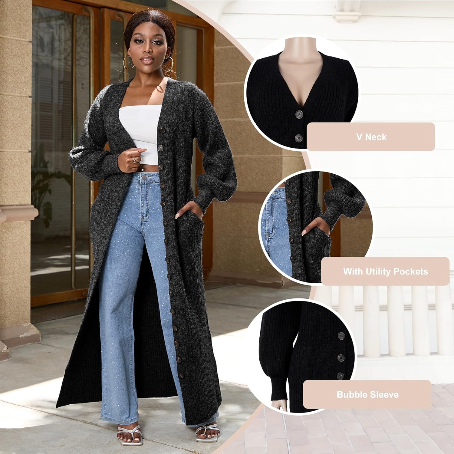 LETSVDO Long Cardigan for Women Lantern Sleeve Cable Knit Sweater Maxi Dress Chunky Button Up Duster Cardigans Outwear - Image 4