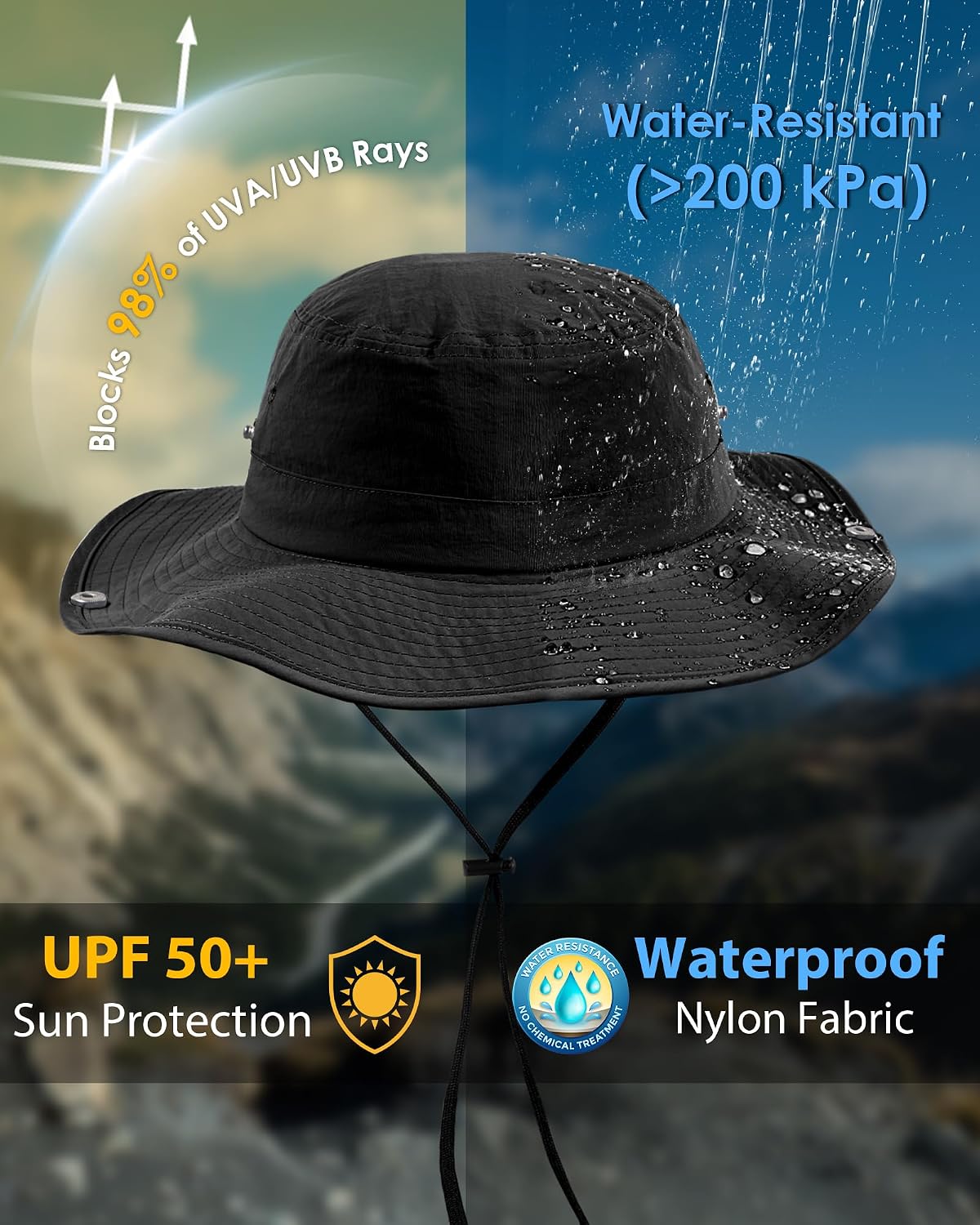 Waterproof Bucket Rain Hat for Women Wide Brim Summer UPF50+ Cowboy Sun Hat Men Foldable Soft Floppy Beach Hat