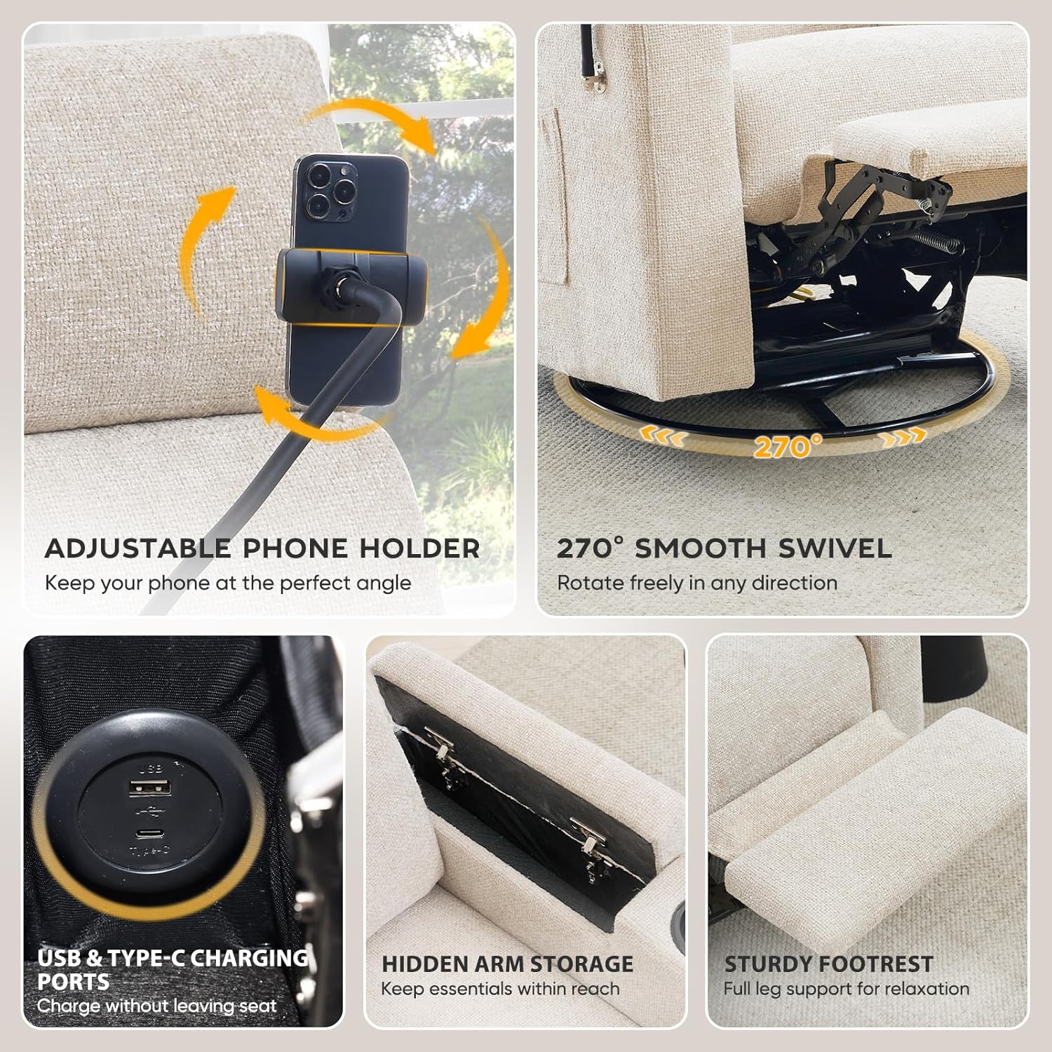 ABCASA Power Recliner Rocking Chair Nursery Glider, Swivel Reclining Nursery Rockers for Baby Room & Living Room, Chenille Chair with Phone Holder, USB/Type-C Ports, Arm Storage, Light Brown