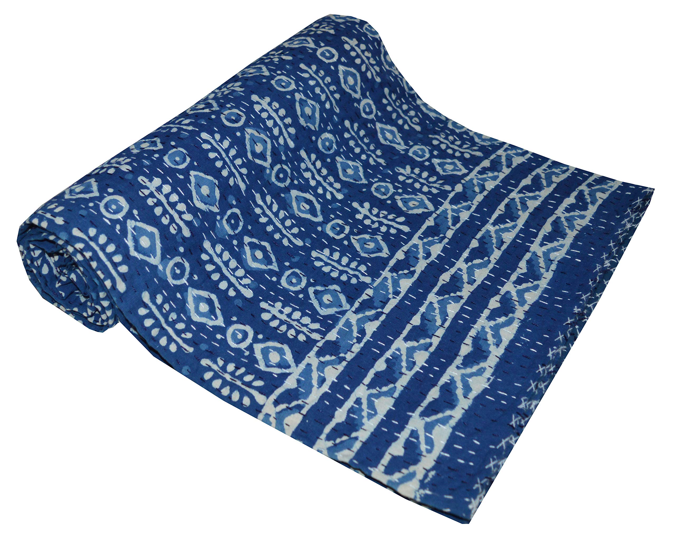 YUVANCRAFTS Indian Handmade Twin Kantha Quilt Hand Block Print Blue Color Kantha Throw Single Size Cotton Quilt Blanket Bedspread Throw Gudari