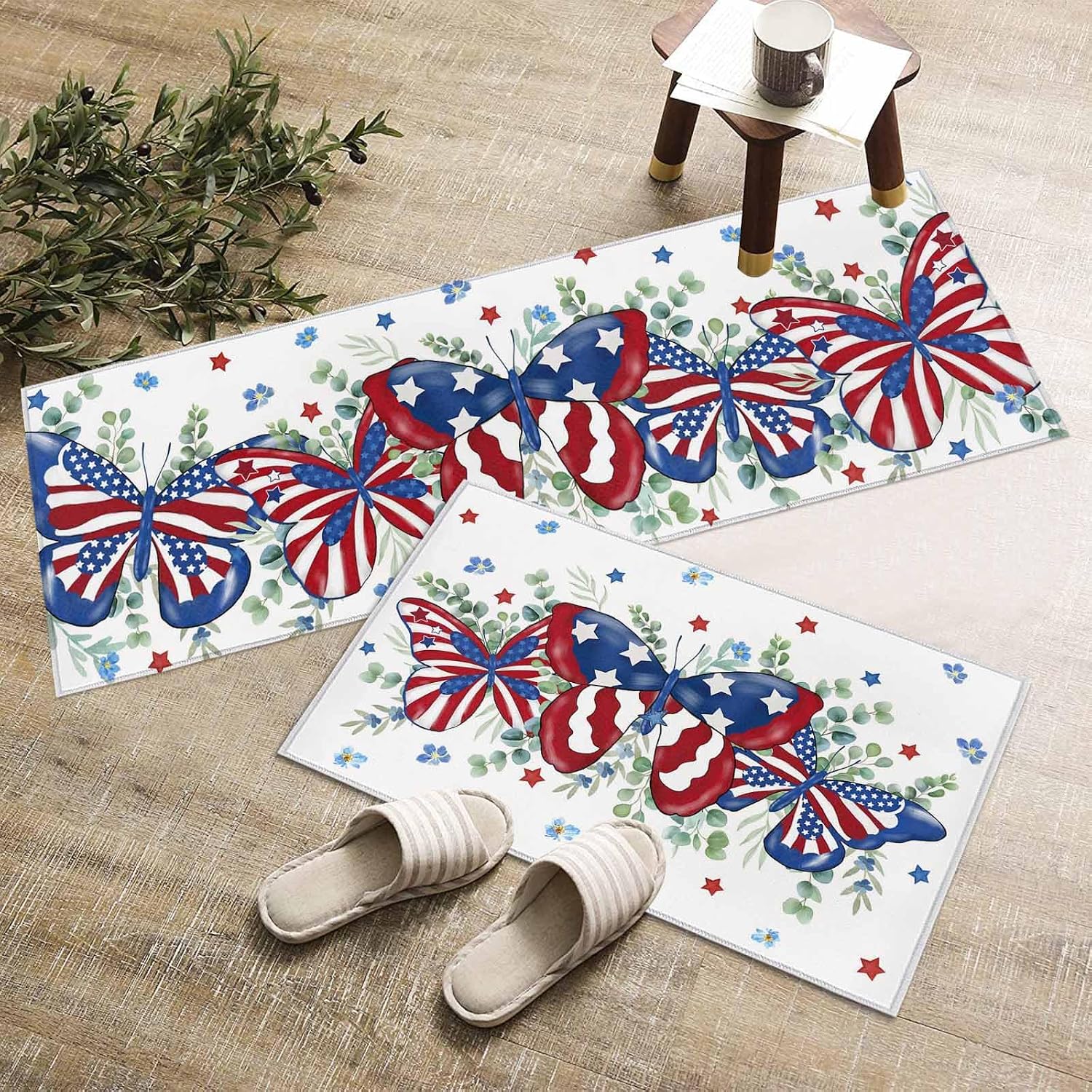 Teamery Kitchen Mats for Floor July 4th American Flag Butterfly Washable Non Slip Kitchen Rugs 2PCS, Eucalyptus Red Blue Star Absorbent Standing Mats for Sink Bathroom Office 15.7x23.6in+15.7x47.2in